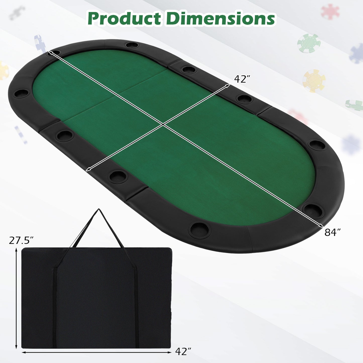 Portable 84 x 42 Inch 10-Player Foldable Padded Poker Table Top-Green Kids Crystal