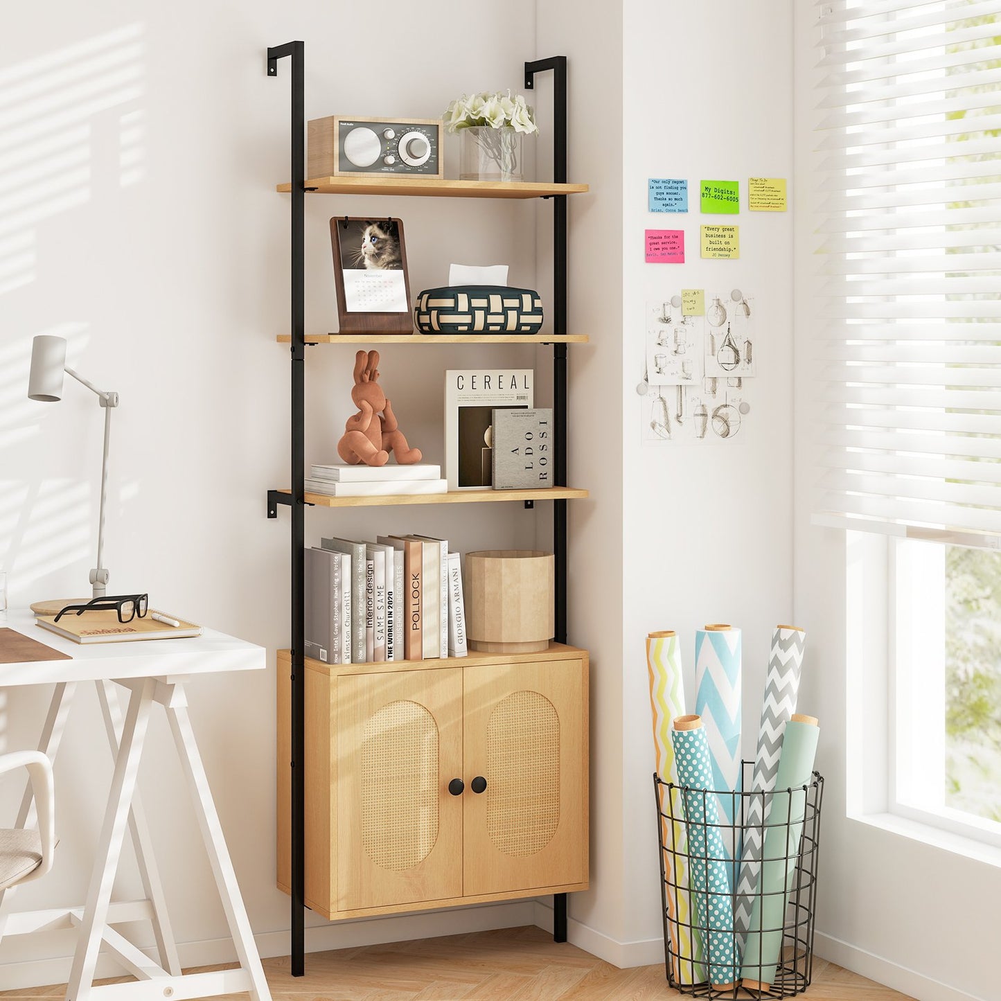 72.5 Inch 6-Tier Wall Mounted Ladder Bookshelf with Rattan Cabinet-Natural Kids Crystal