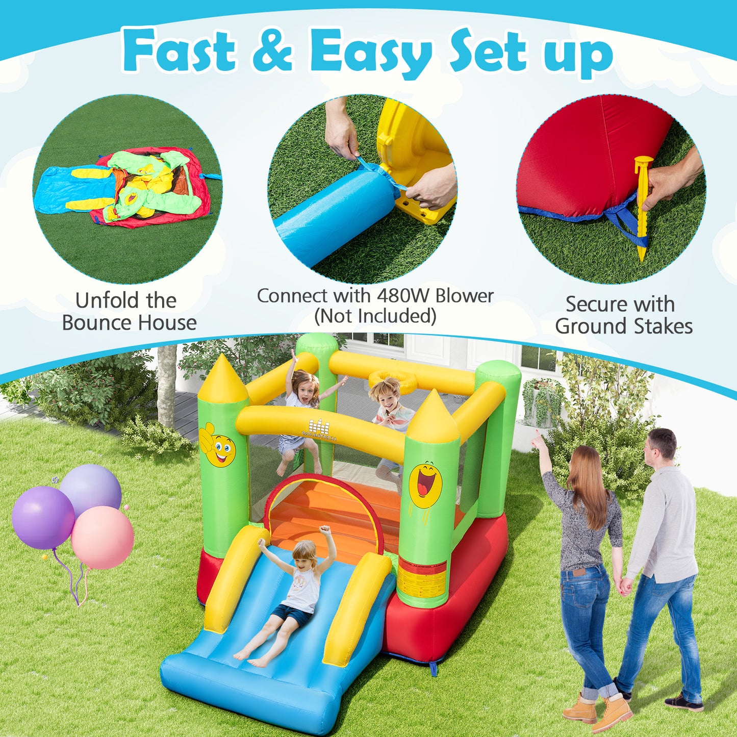 Inflatable Bounce House Kids Blow-up Bouncer with Slide without Blower Kids Crystal