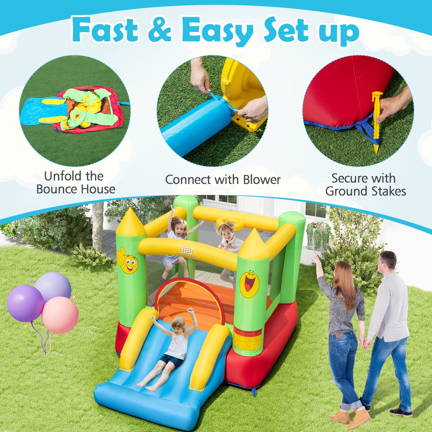 Inflatable Bounce House Kids Blow-up Bouncer with Slide with 480W Blower Kids Crystal
