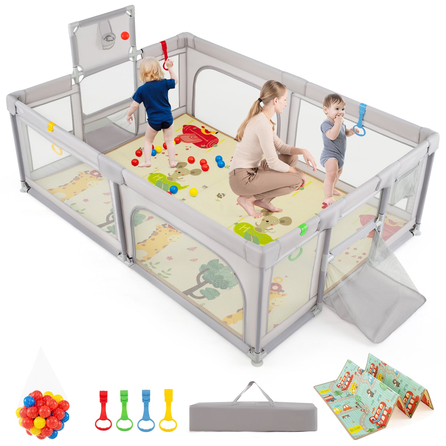 Large Baby Playpen with Mat and Ocean Balls-Light gray Kids Crystal