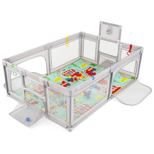 Large Baby Playpen with Mat and Ocean Balls-Light gray Kids Crystal