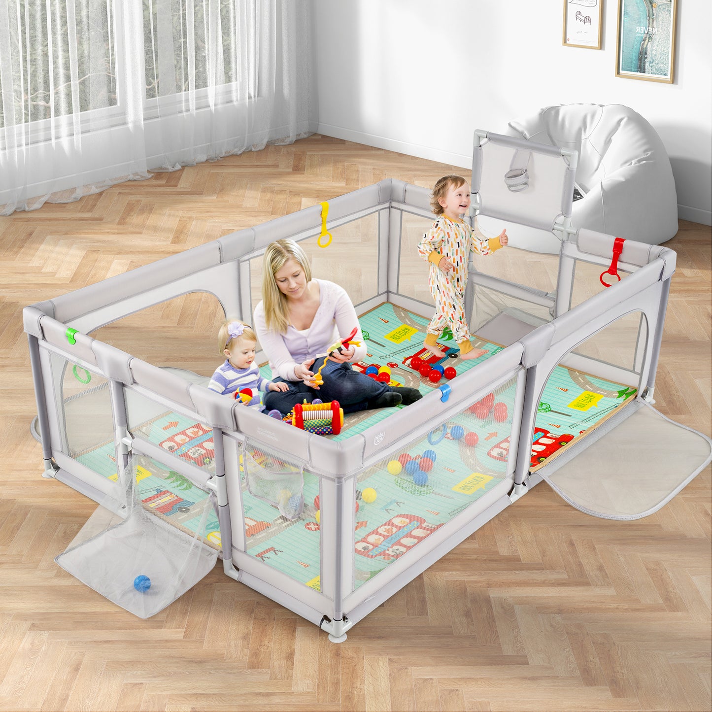 Large Baby Playpen with Mat and Ocean Balls-Light gray Kids Crystal