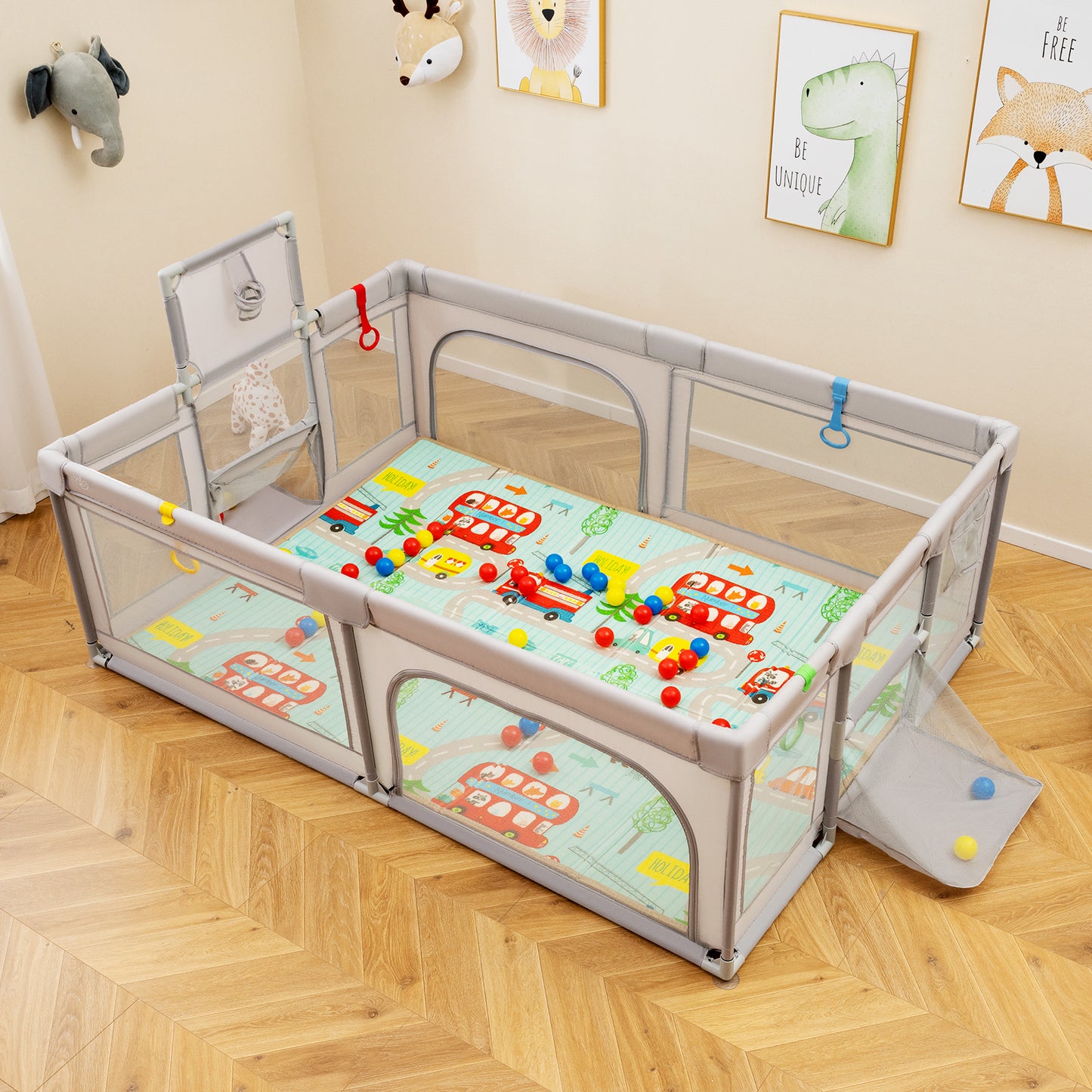 Large Baby Playpen with Mat and Ocean Balls-Light gray Kids Crystal