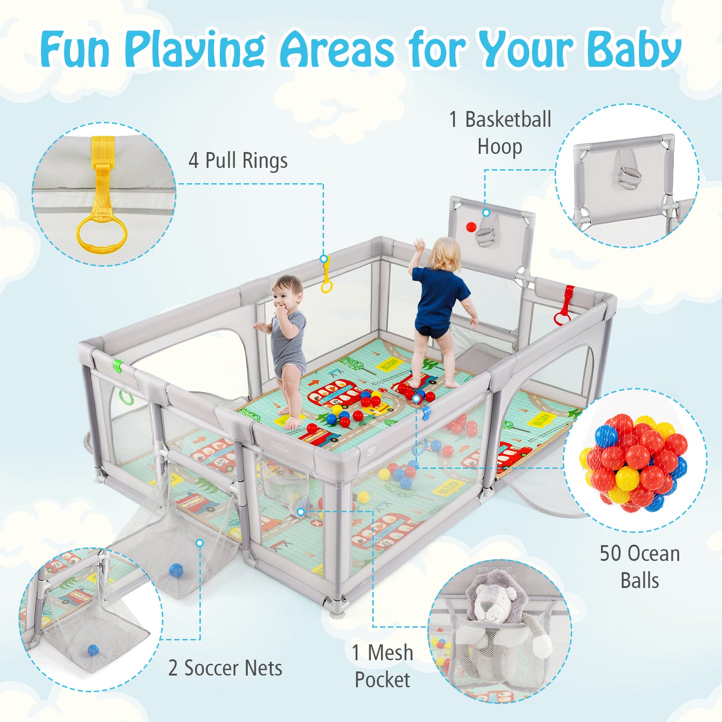 Large Baby Playpen with Mat and Ocean Balls-Light gray Kids Crystal