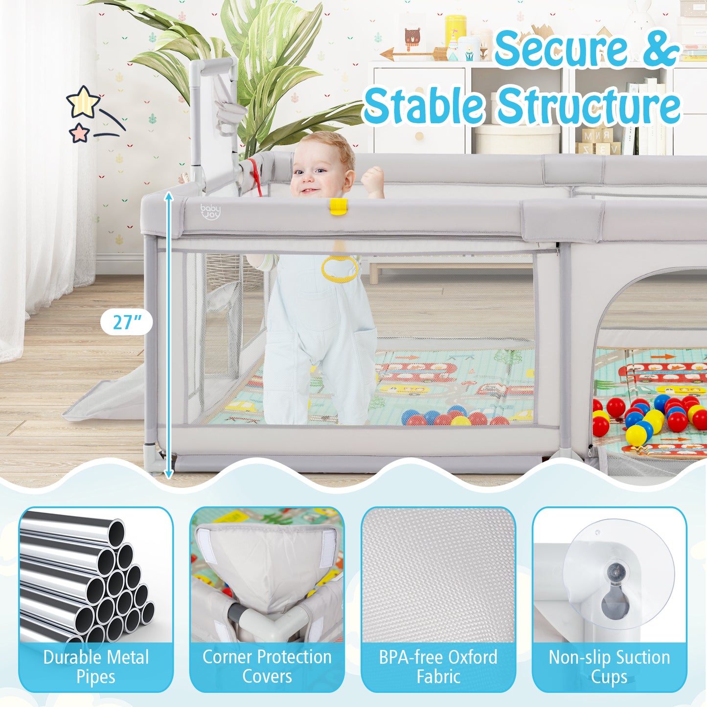 Large Baby Playpen with Mat and Ocean Balls-Light gray Kids Crystal