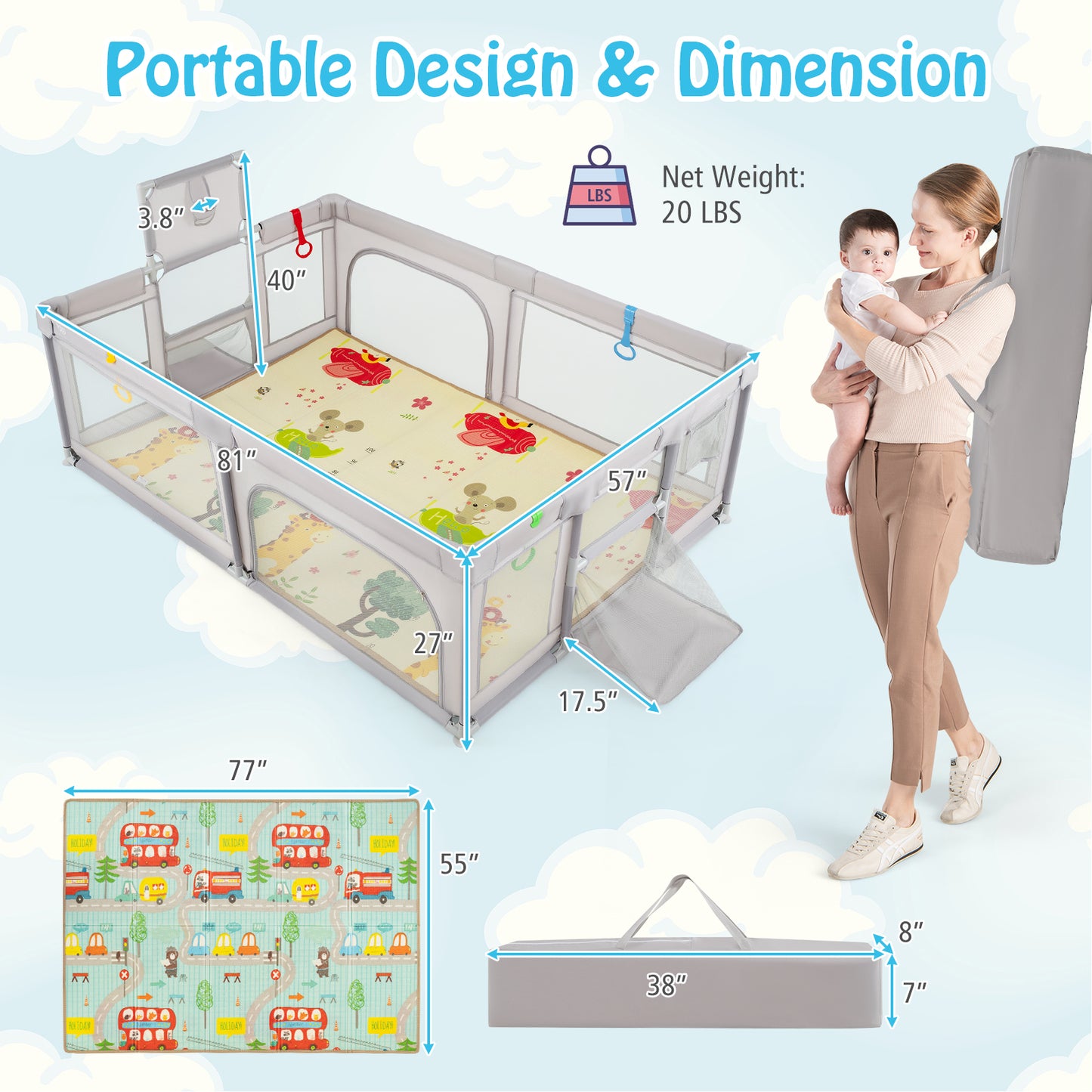 Large Baby Playpen with Mat and Ocean Balls-Light gray Kids Crystal