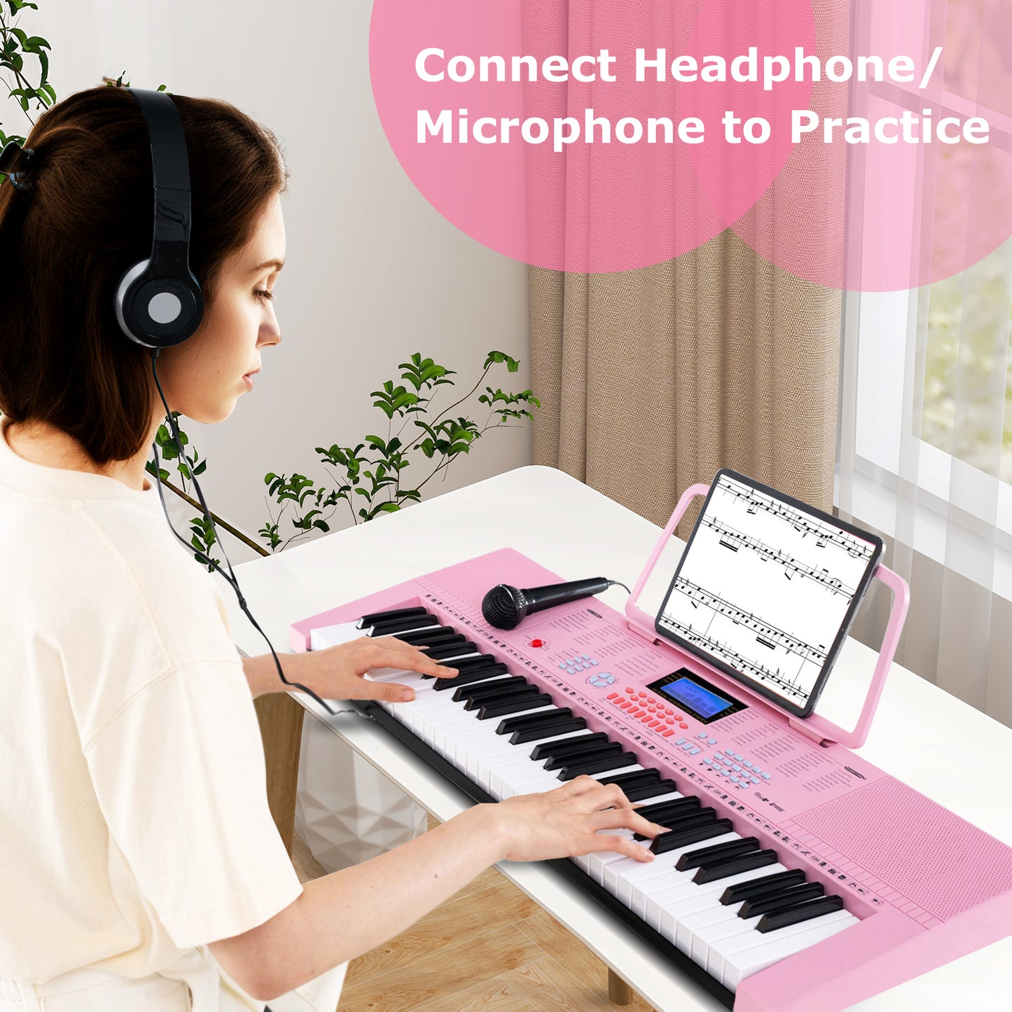 61-Key Electric Piano Keyboard for Beginner-Pink Kids Crystal