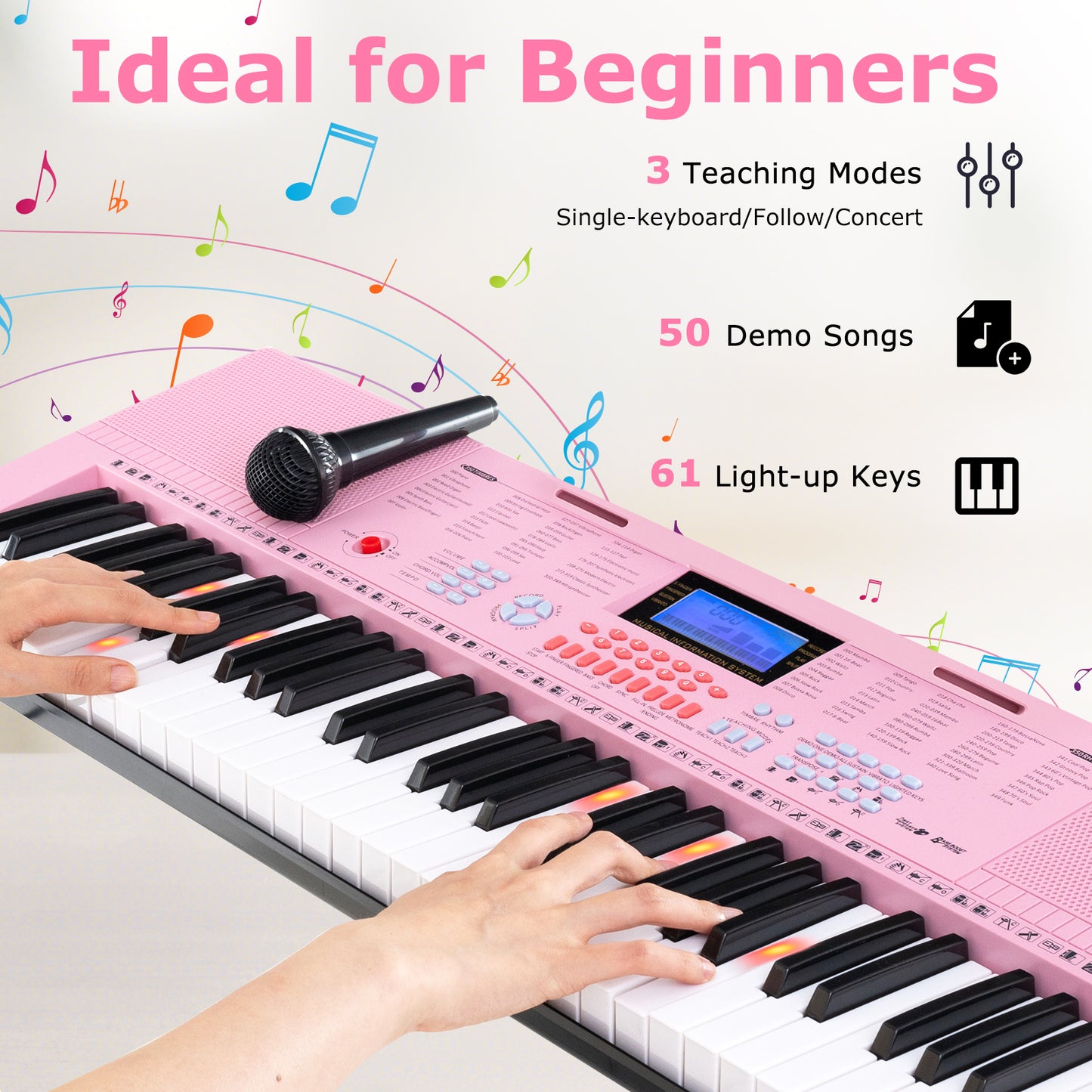61-Key Electric Piano Keyboard for Beginner-Pink Kids Crystal