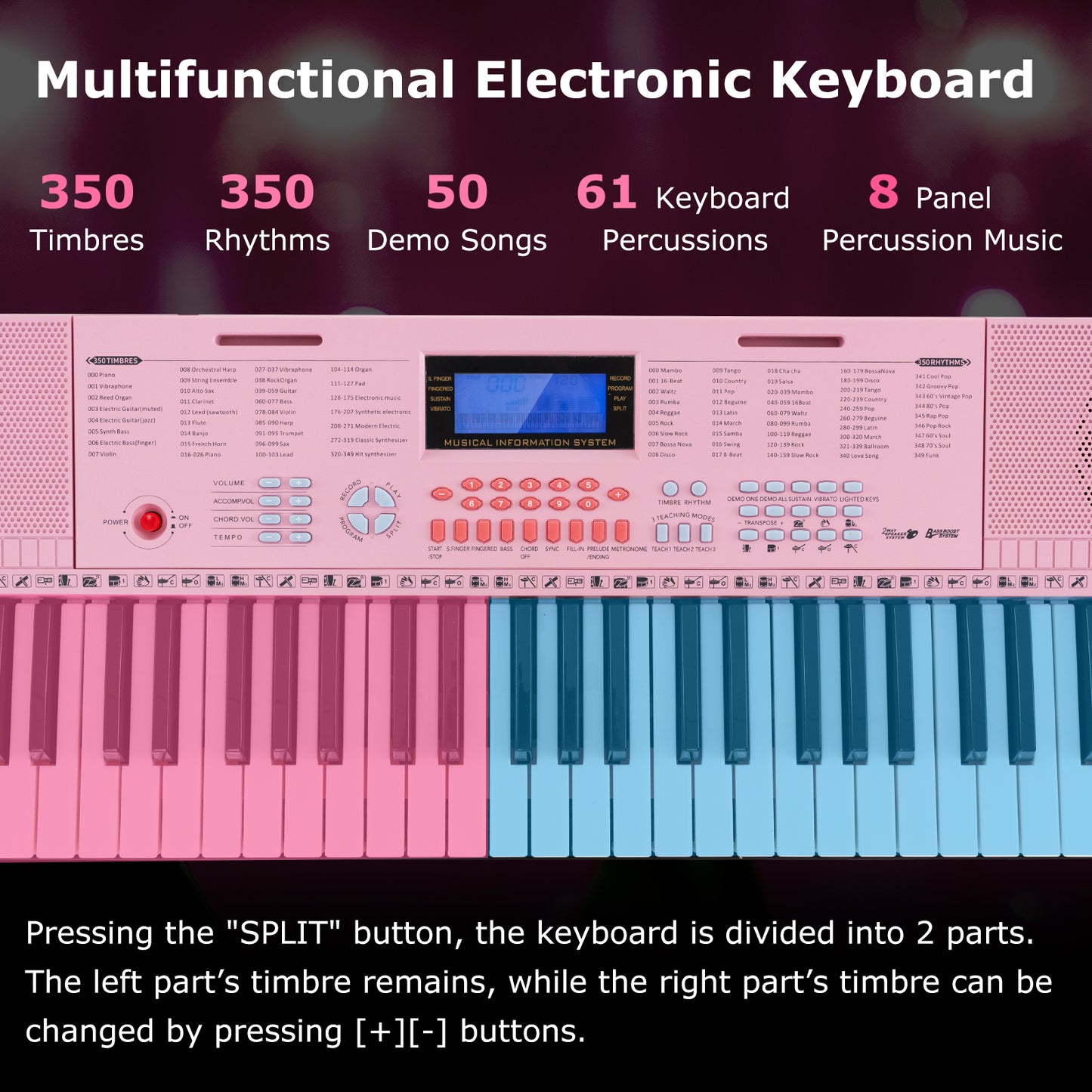 61-Key Electric Piano Keyboard for Beginner-Pink Kids Crystal