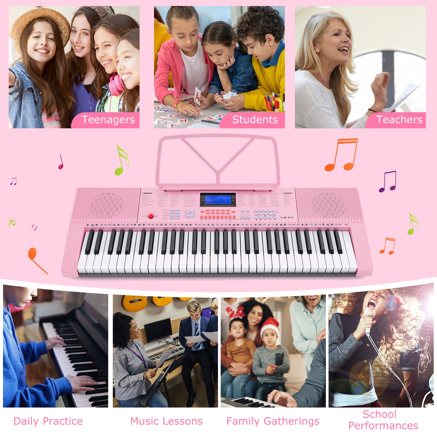 61-Key Electric Piano Keyboard for Beginner-Pink Kids Crystal