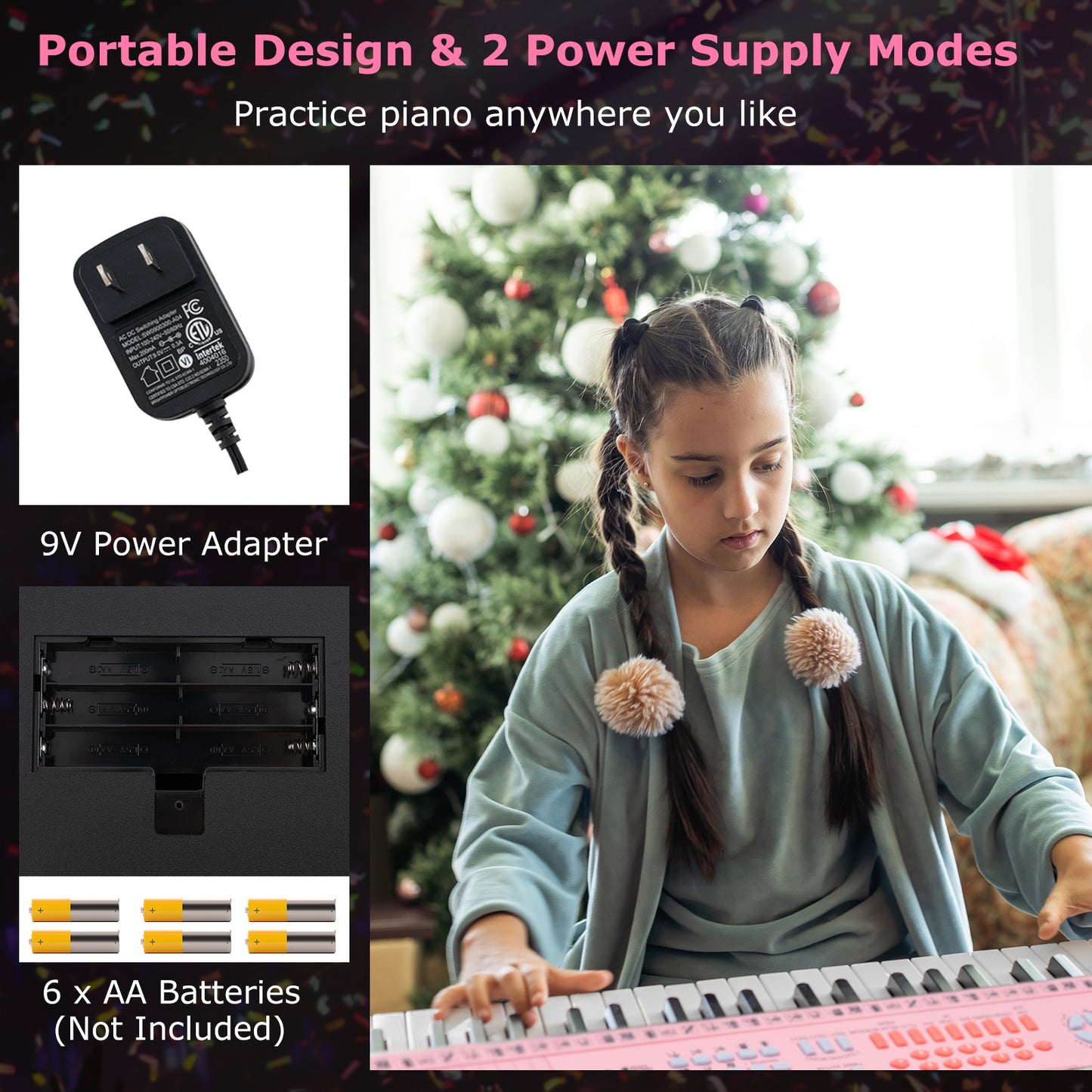 61-Key Electric Piano Keyboard for Beginner-Pink Kids Crystal