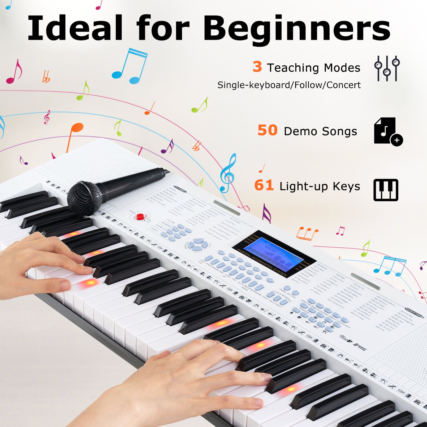 61-Key Electric Piano Keyboard for Beginner-White Kids Crystal