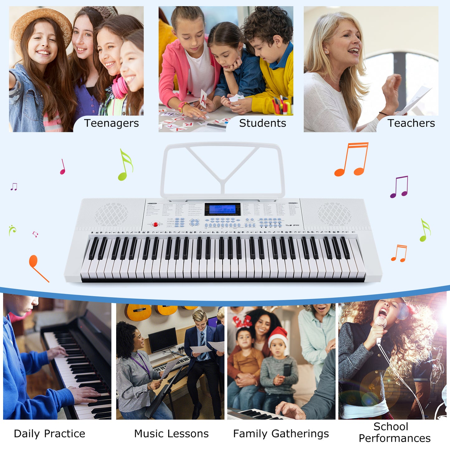 61-Key Electric Piano Keyboard for Beginner-White Kids Crystal