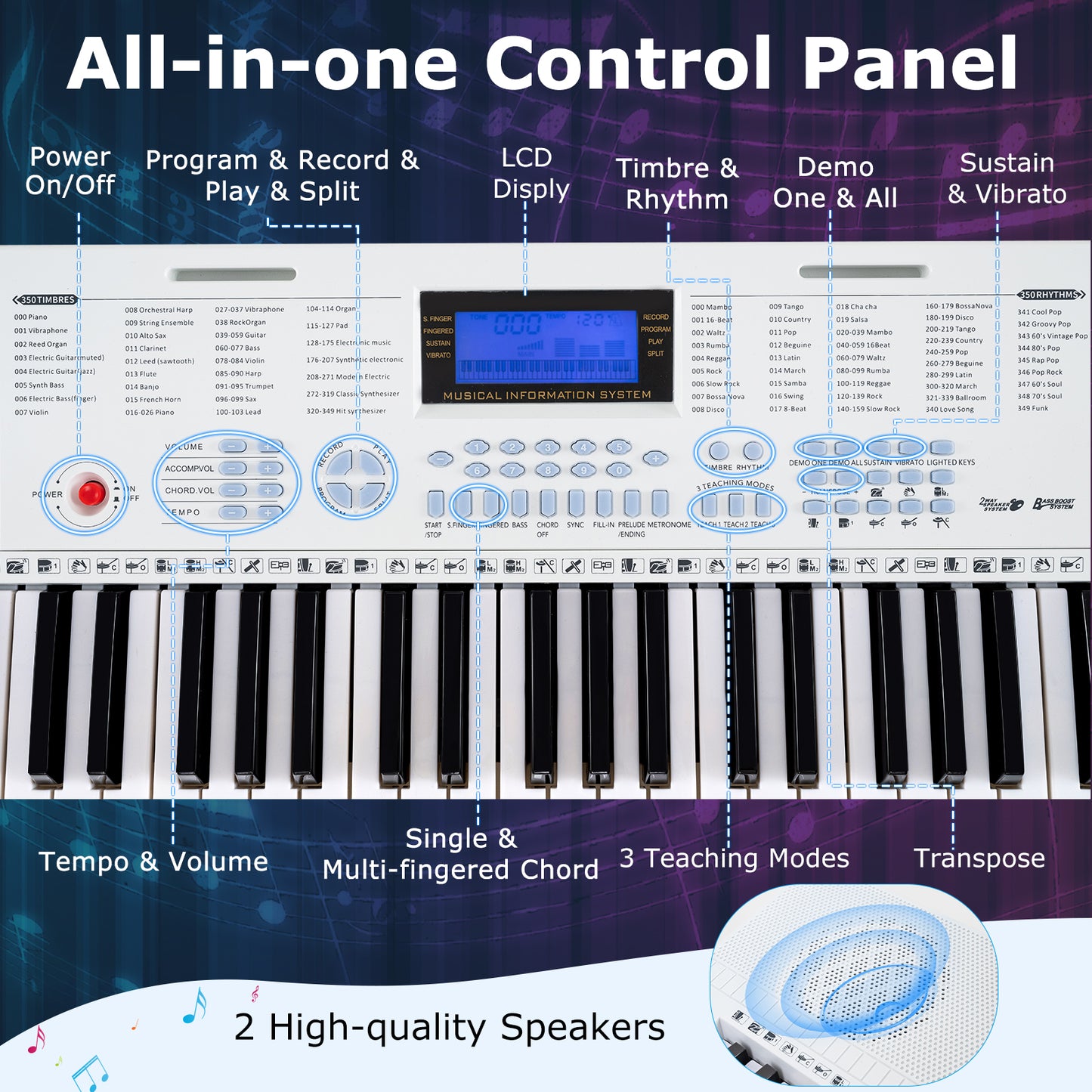 61-Key Electric Piano Keyboard for Beginner-White Kids Crystal