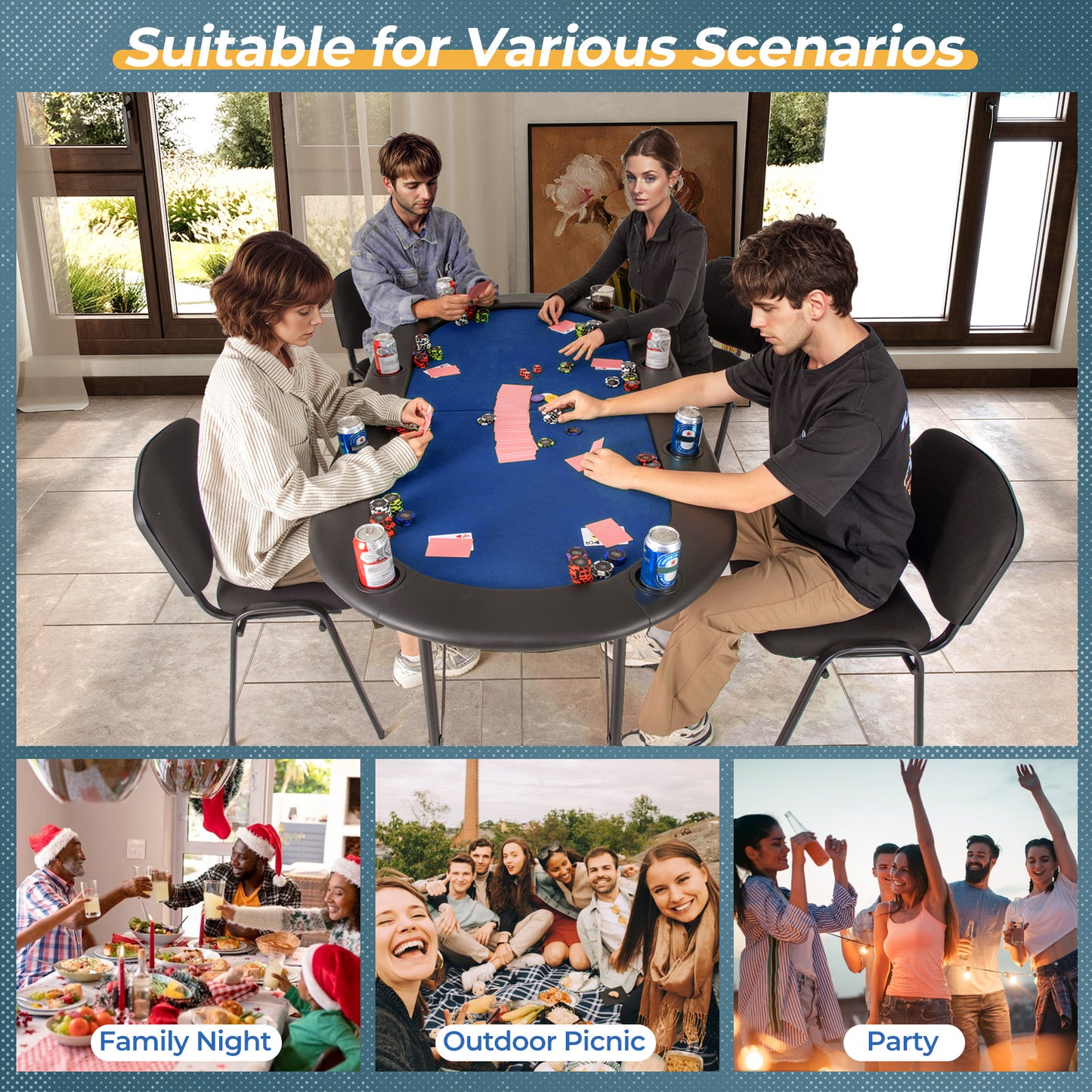 8 Players Texas Holdem Foldable Poker Table-Blue Kids Crystal