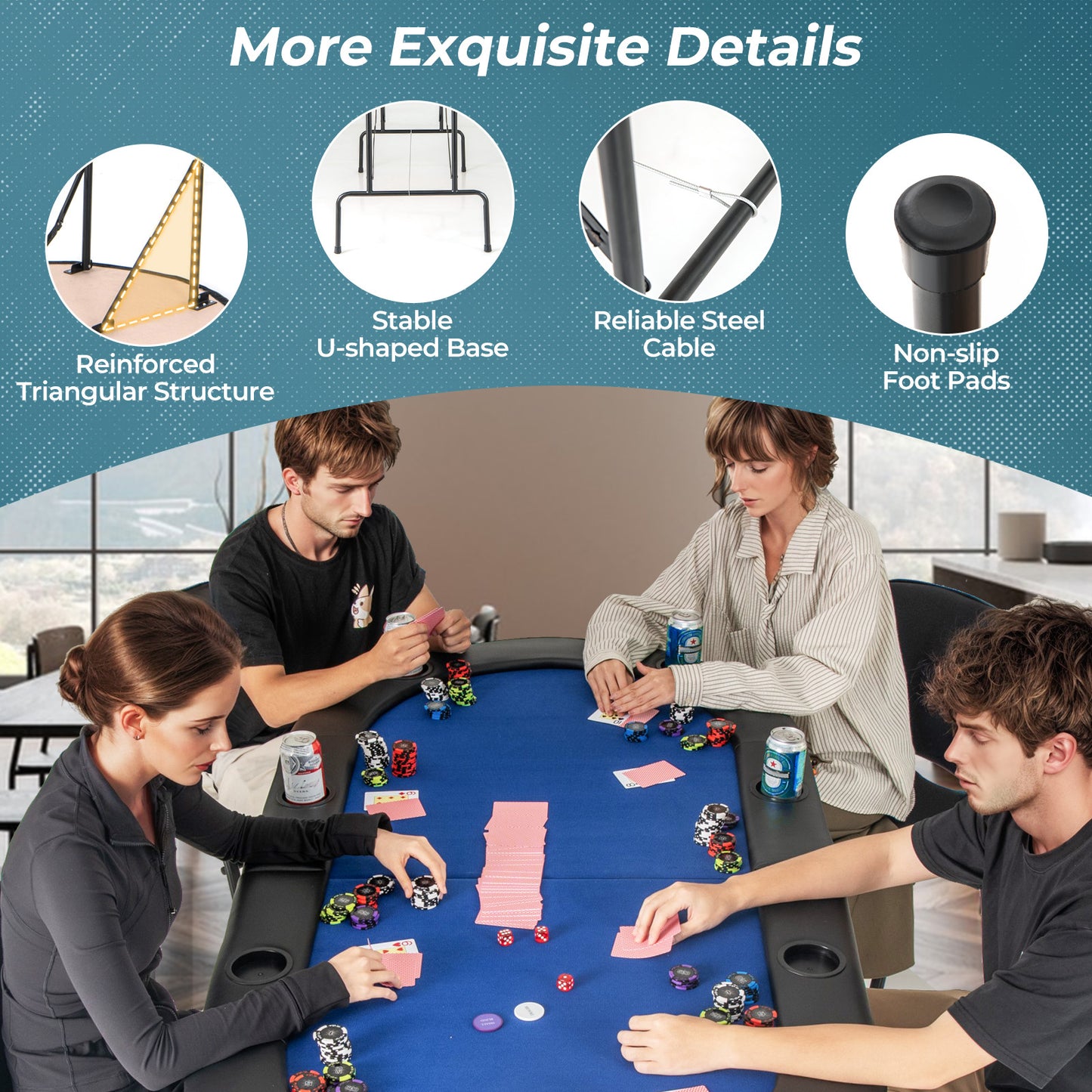 8 Players Texas Holdem Foldable Poker Table-Blue Kids Crystal