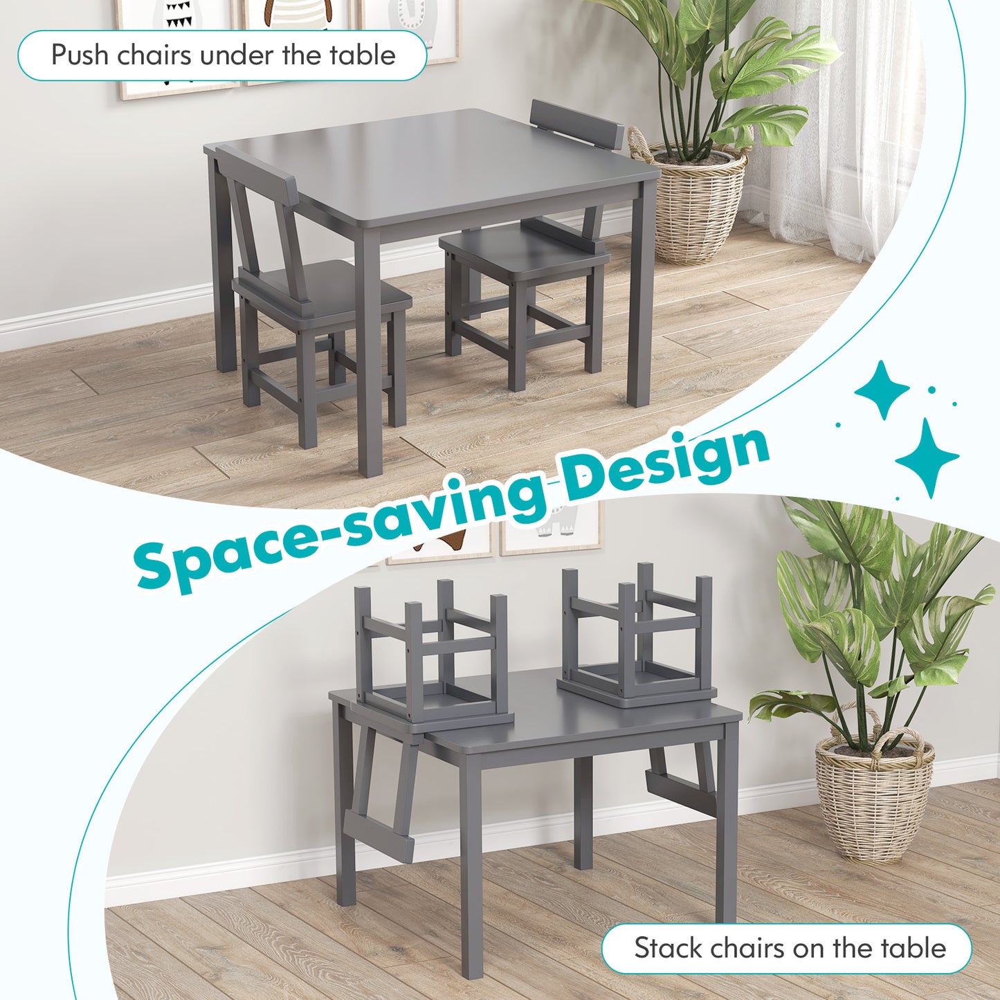 Wooden Kids Table and 2 Chairs Set with Anti-slip Foot Pads-Gray Kids Crystal