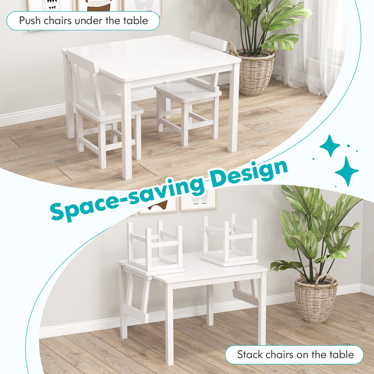 Wooden Kids Table and 2 Chairs Set with Anti-slip Foot Pads-White Kids Crystal