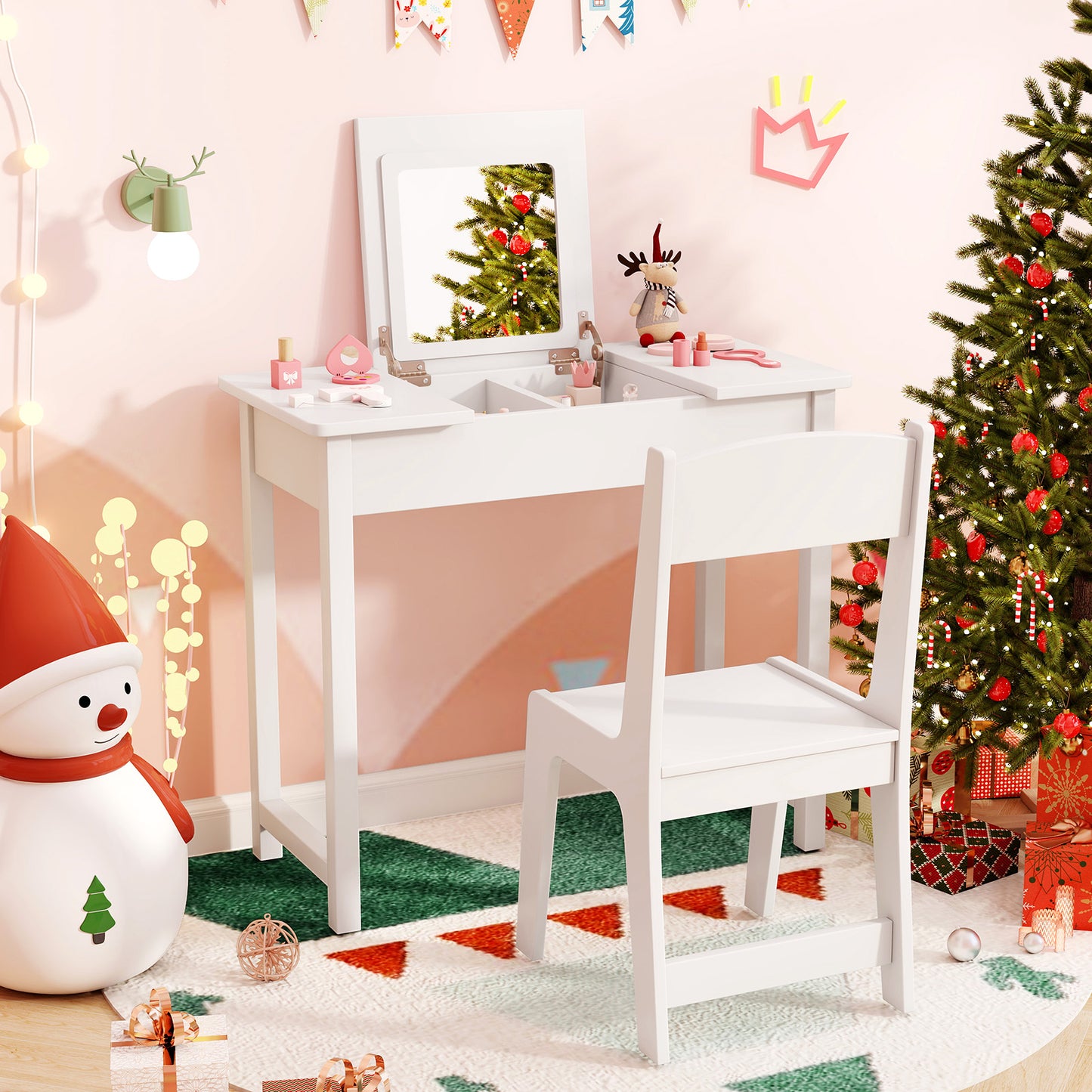 2-in-1 Kids Vanity Makeup Table and Chair Set with Flip Top Mirror-White Kids Crystal