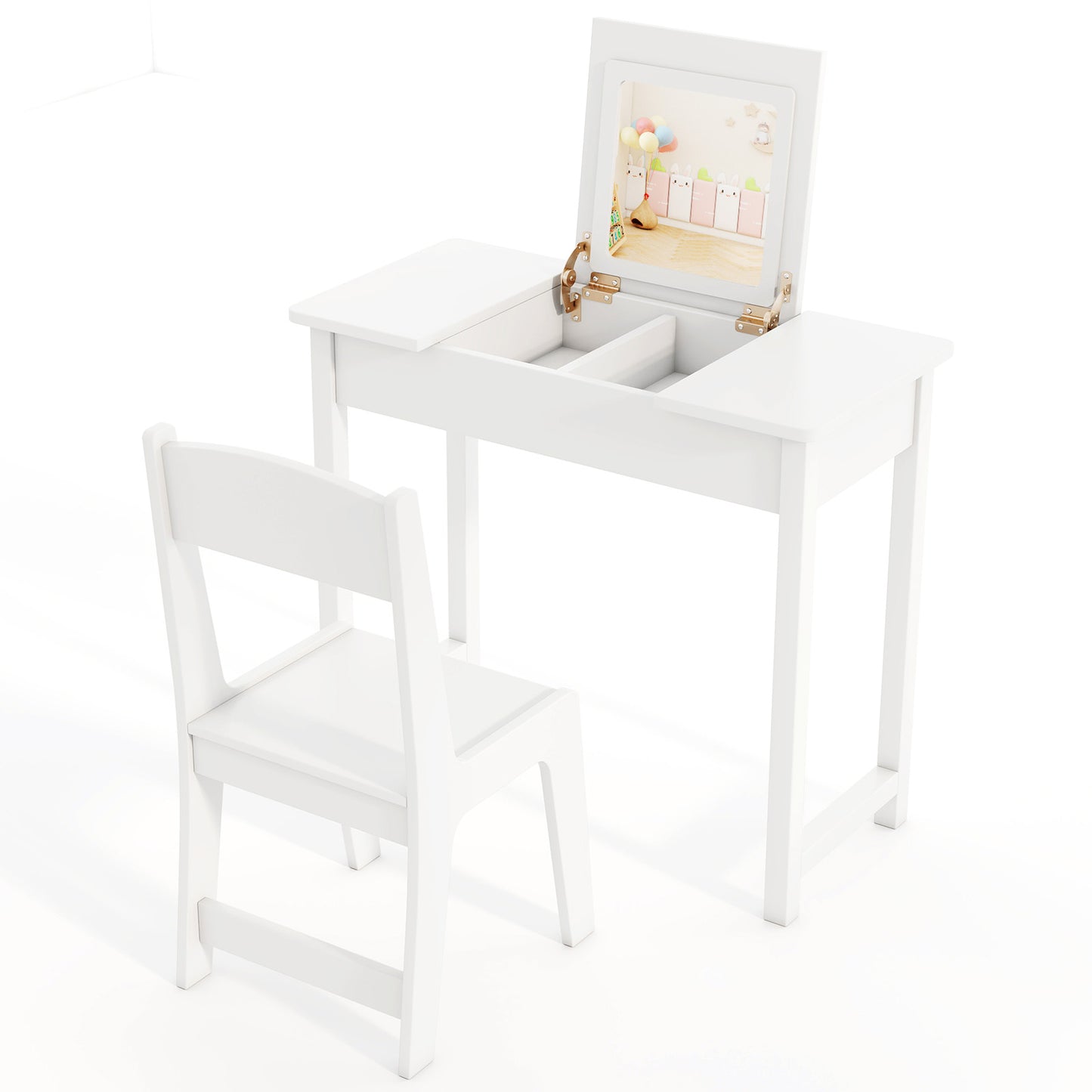2-in-1 Kids Vanity Makeup Table and Chair Set with Flip Top Mirror-White Kids Crystal