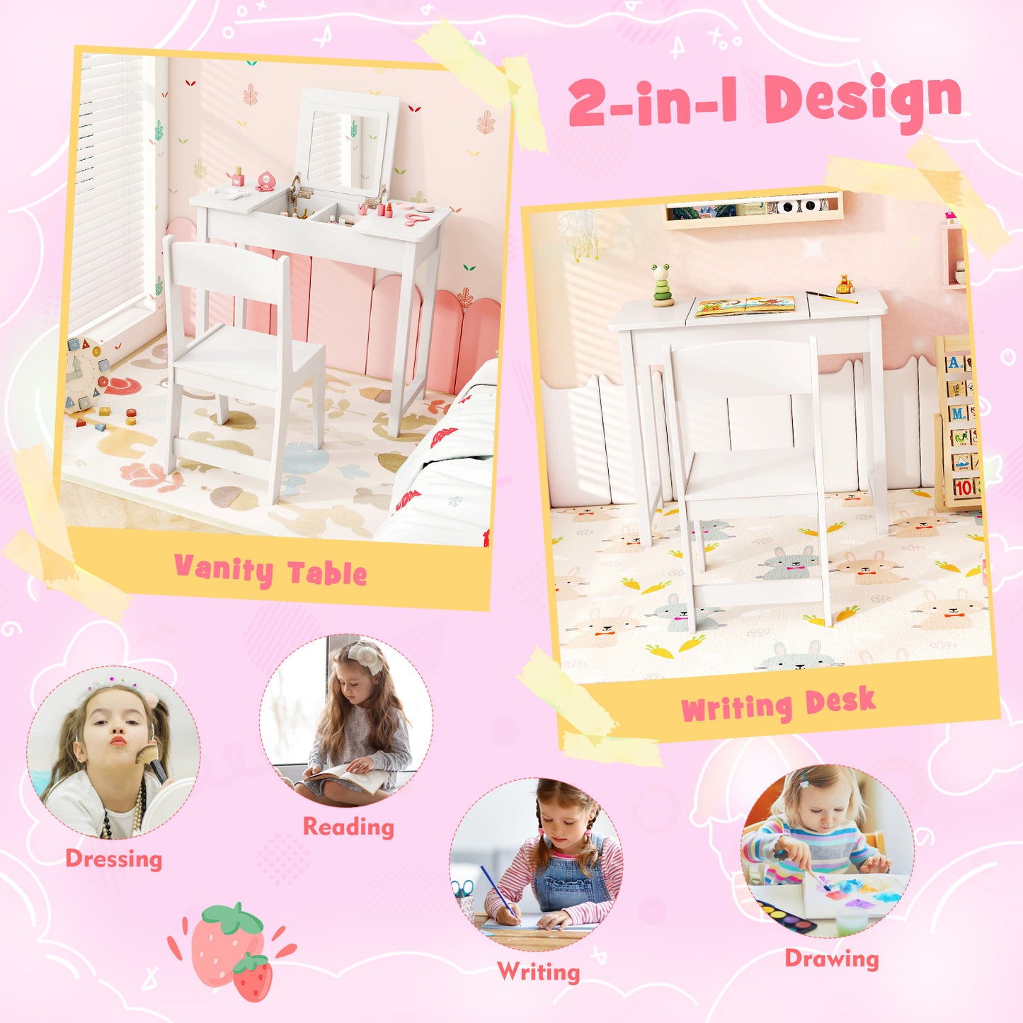 2-in-1 Kids Vanity Makeup Table and Chair Set with Flip Top Mirror-White Kids Crystal