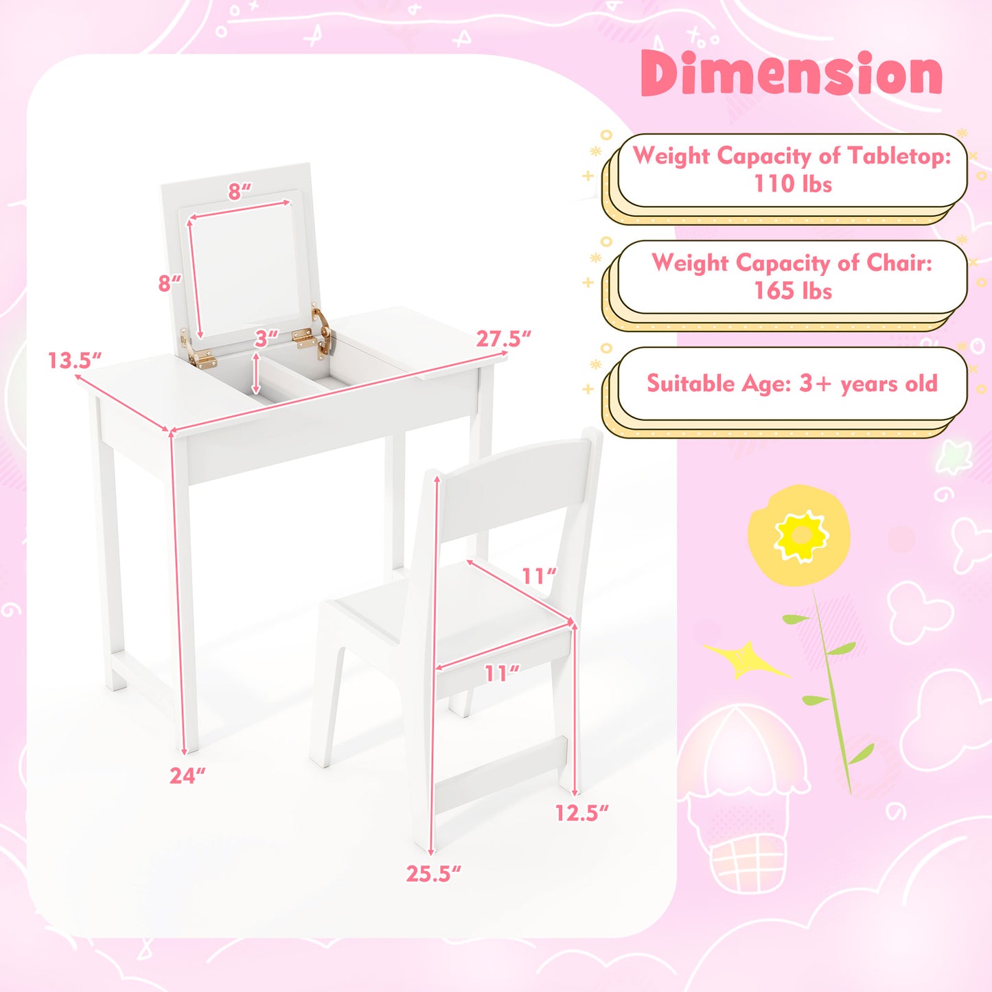 2-in-1 Kids Vanity Makeup Table and Chair Set with Flip Top Mirror-White Kids Crystal