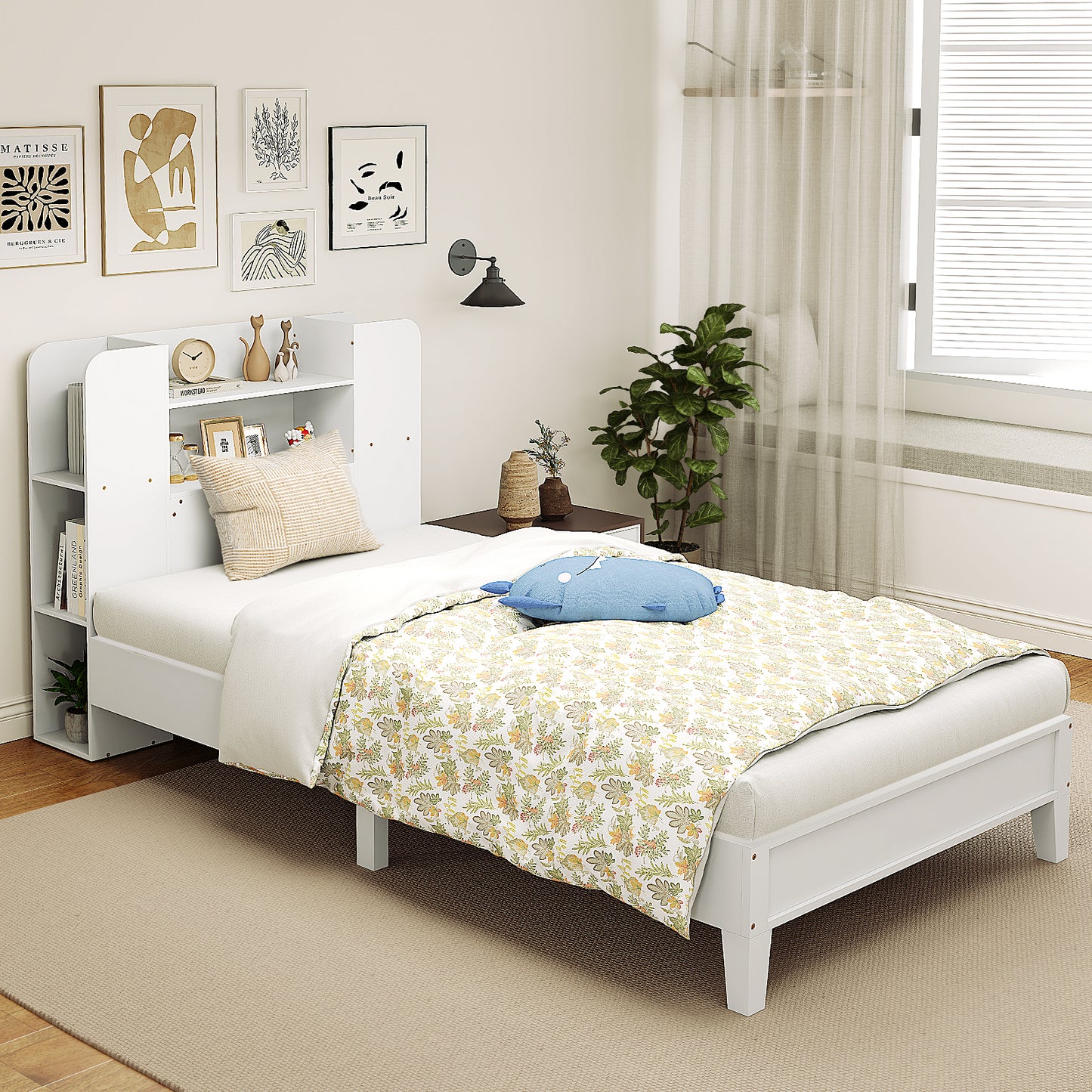 Twin Size Wooden Platform Bed Frame with Bookcase Headboard-White Kids Crystal
