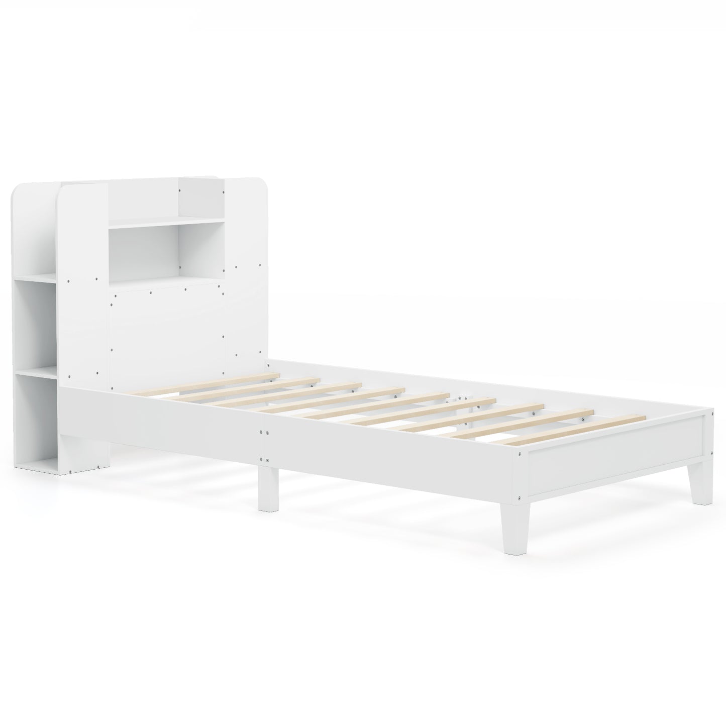 Twin Size Wooden Platform Bed Frame with Bookcase Headboard-White Kids Crystal