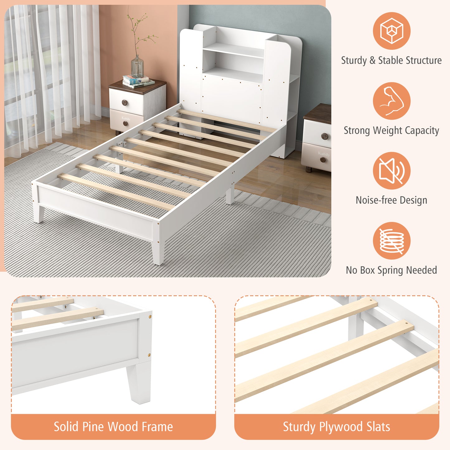 Twin Size Wooden Platform Bed Frame with Bookcase Headboard-White Kids Crystal