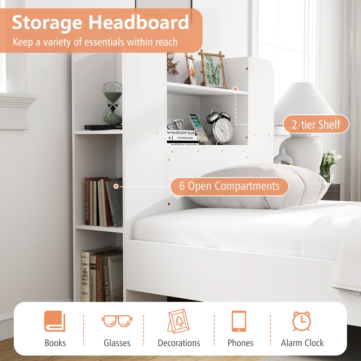 Twin Size Wooden Platform Bed Frame with Bookcase Headboard-White Kids Crystal