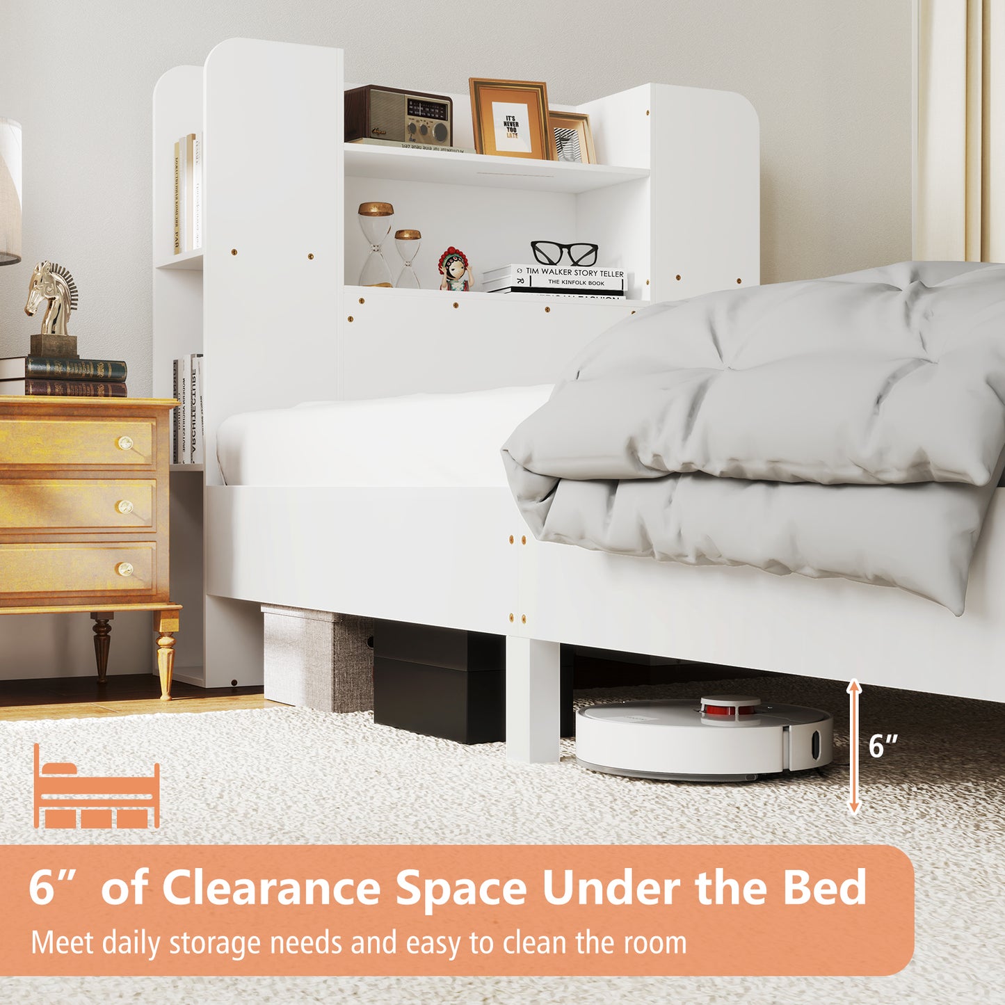 Twin Size Wooden Platform Bed Frame with Bookcase Headboard-White Kids Crystal