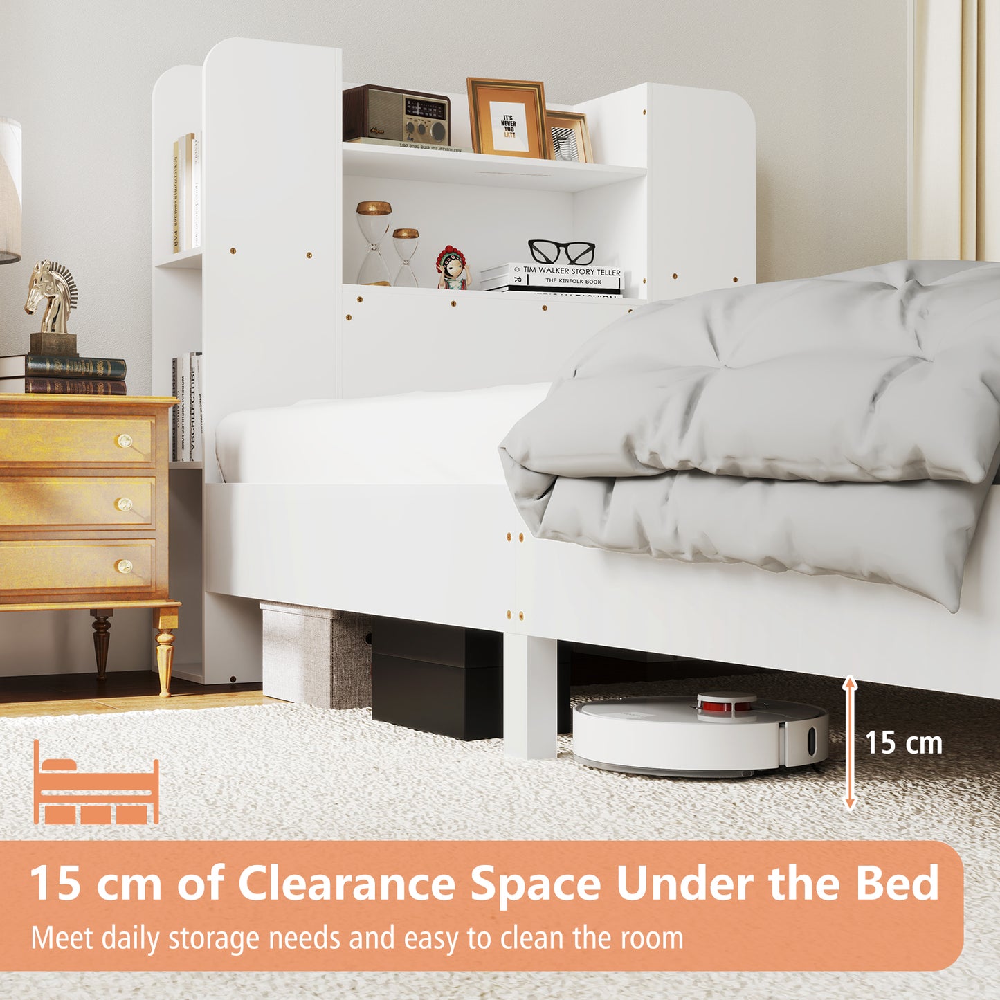 Twin Size Wooden Platform Bed Frame with Bookcase Headboard-White Kids Crystal