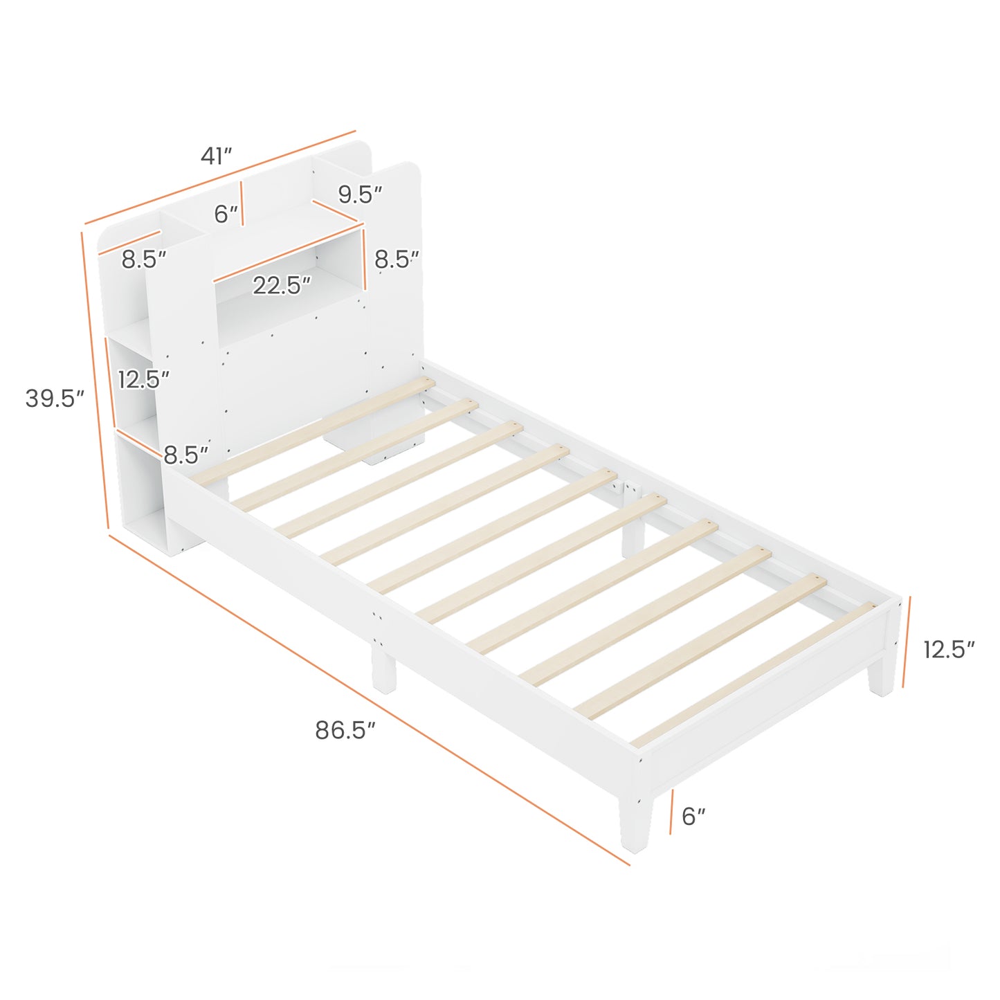 Twin Size Wooden Platform Bed Frame with Bookcase Headboard-White Kids Crystal