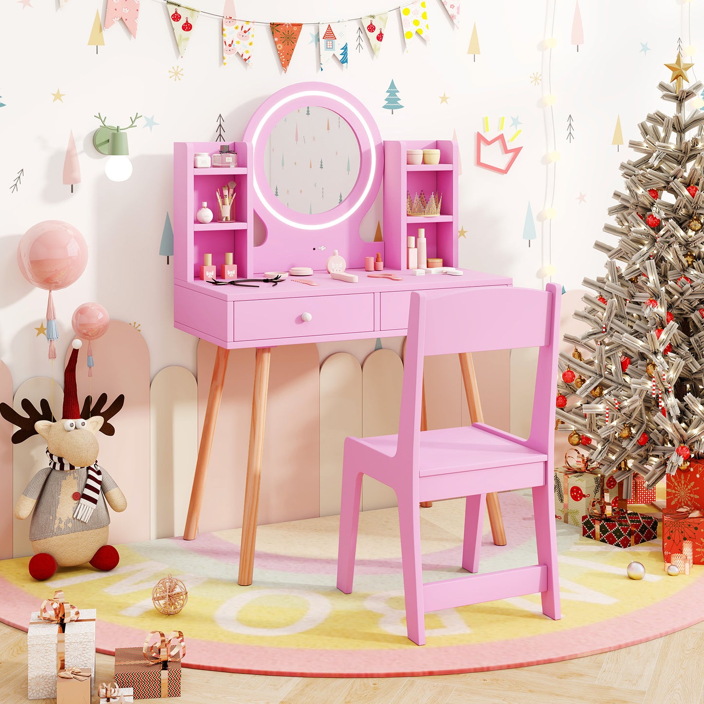 Kids Vanity Set with Lighted Mirror and Storage Drawers-Pink Kids Crystal