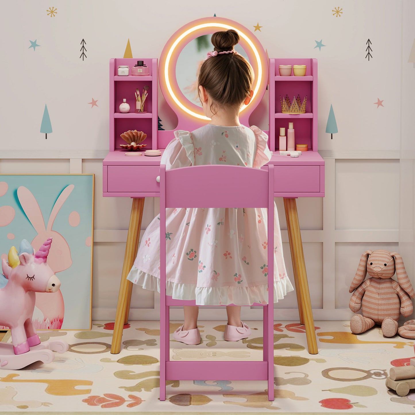 Kids Vanity Set with Lighted Mirror and Storage Drawers-Pink Kids Crystal