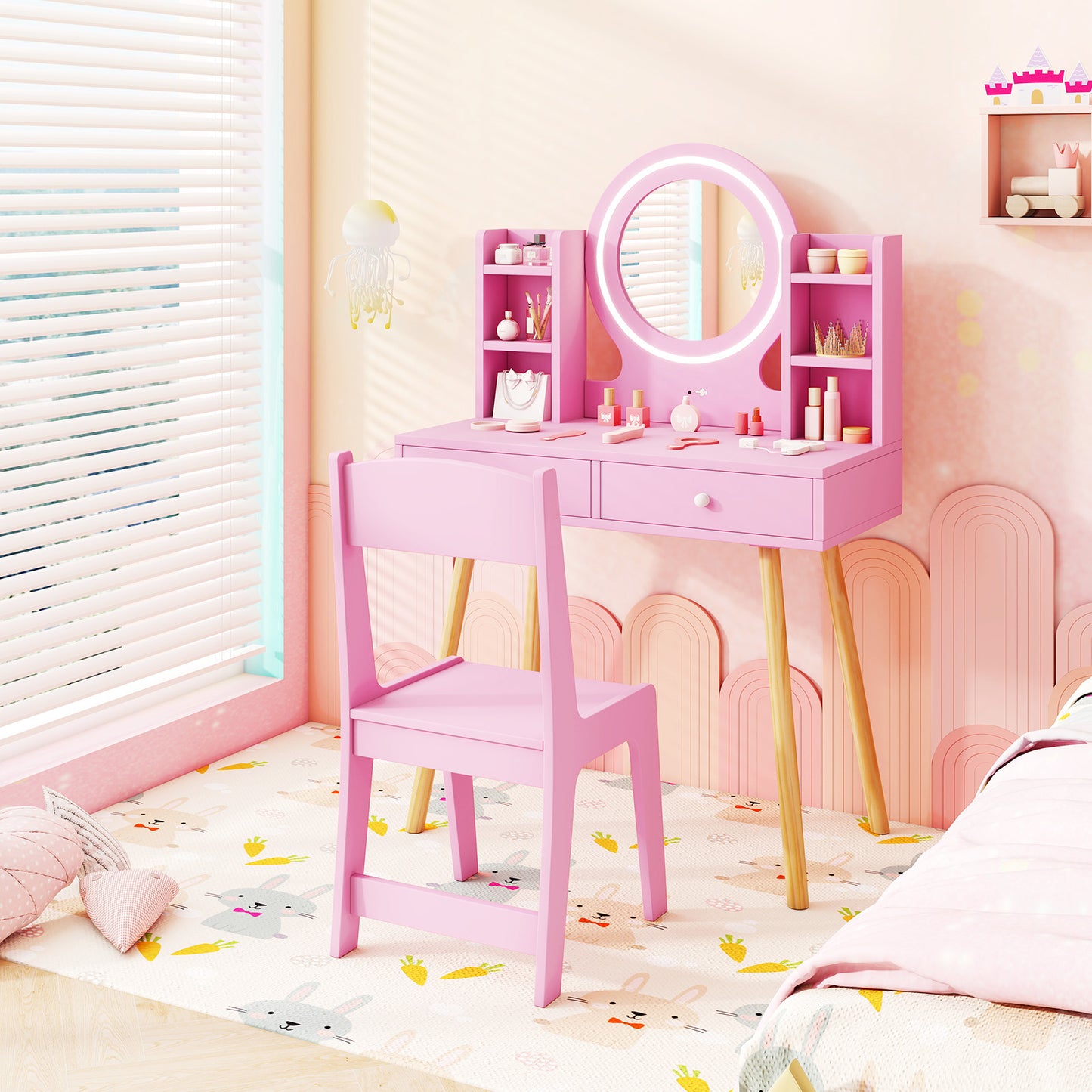 Kids Vanity Set with Lighted Mirror and Storage Drawers-Pink Kids Crystal