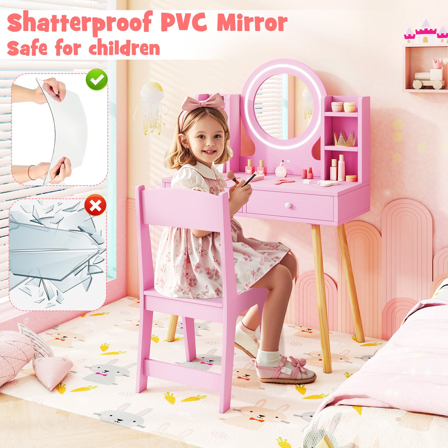 Kids Vanity Set with Lighted Mirror and Storage Drawers-Pink Kids Crystal