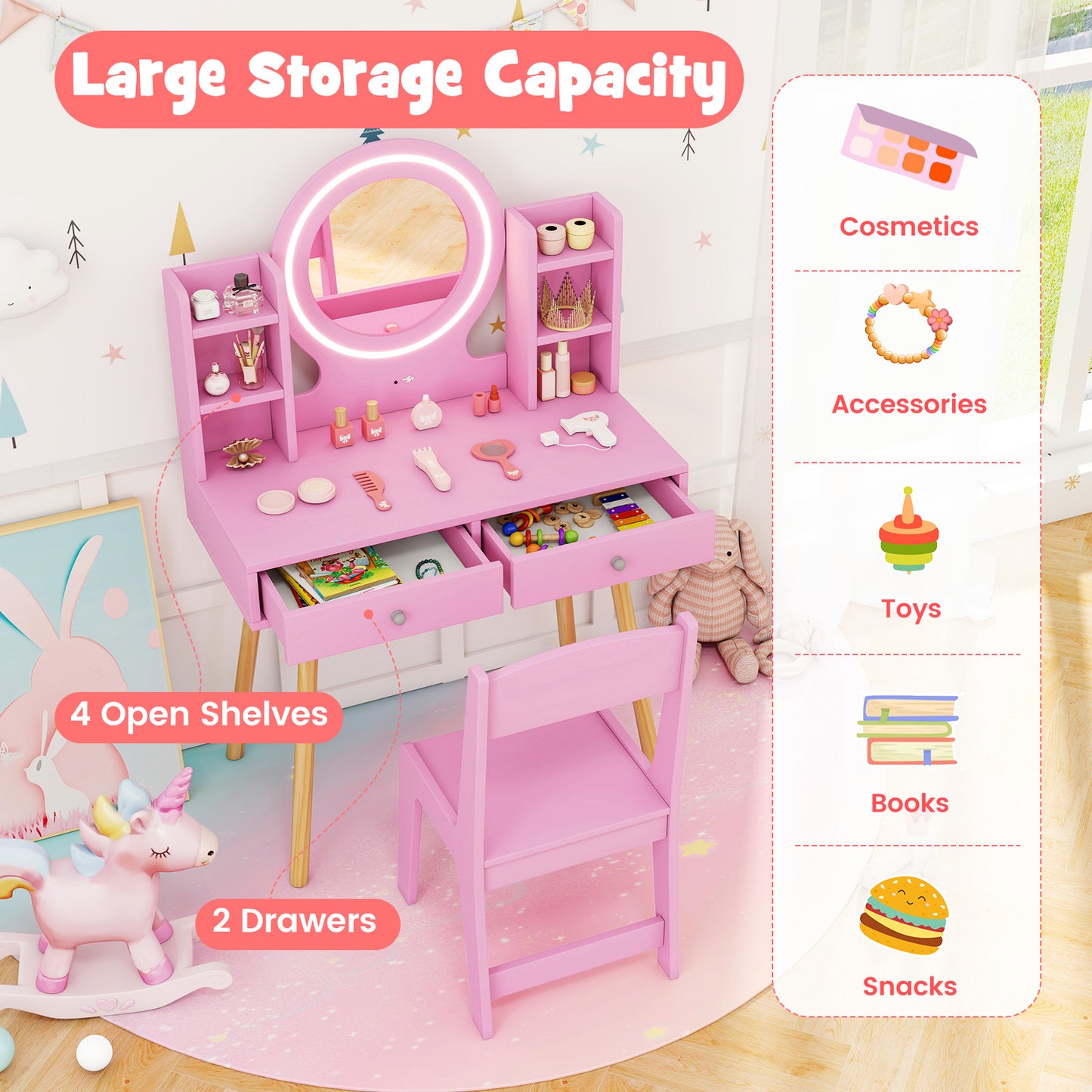 Kids Vanity Set with Lighted Mirror and Storage Drawers-Pink Kids Crystal