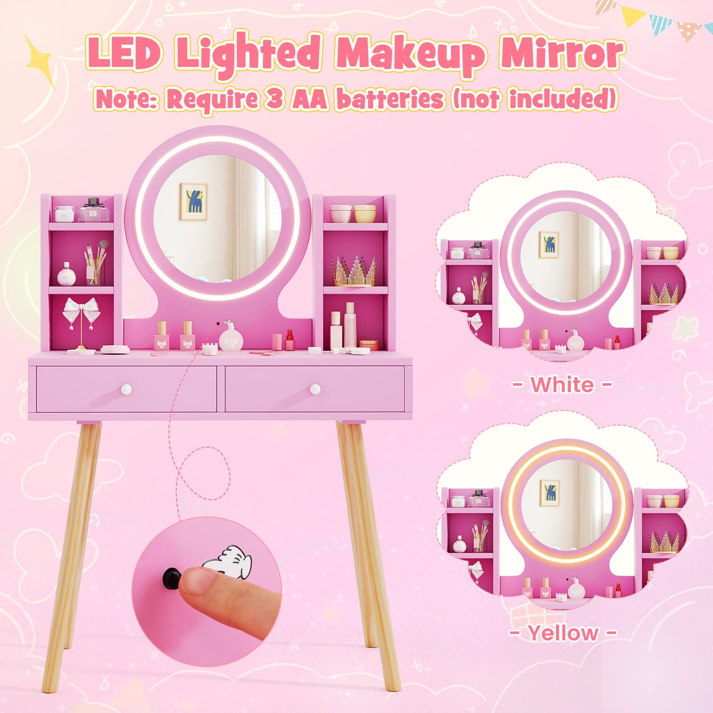 Kids Vanity Set with Lighted Mirror and Storage Drawers-Pink Kids Crystal