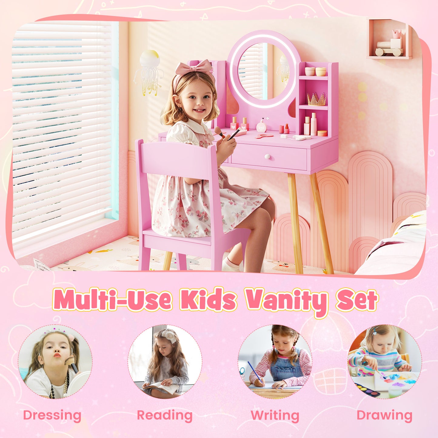 Kids Vanity Set with Lighted Mirror and Storage Drawers-Pink Kids Crystal