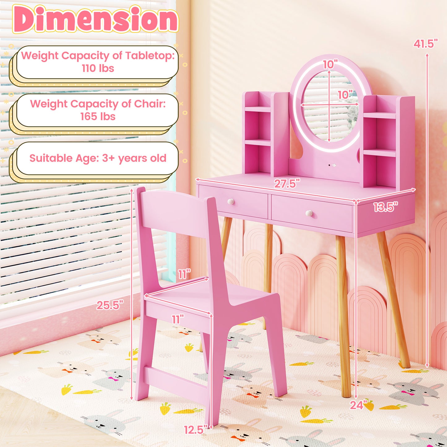 Kids Vanity Set with Lighted Mirror and Storage Drawers-Pink Kids Crystal