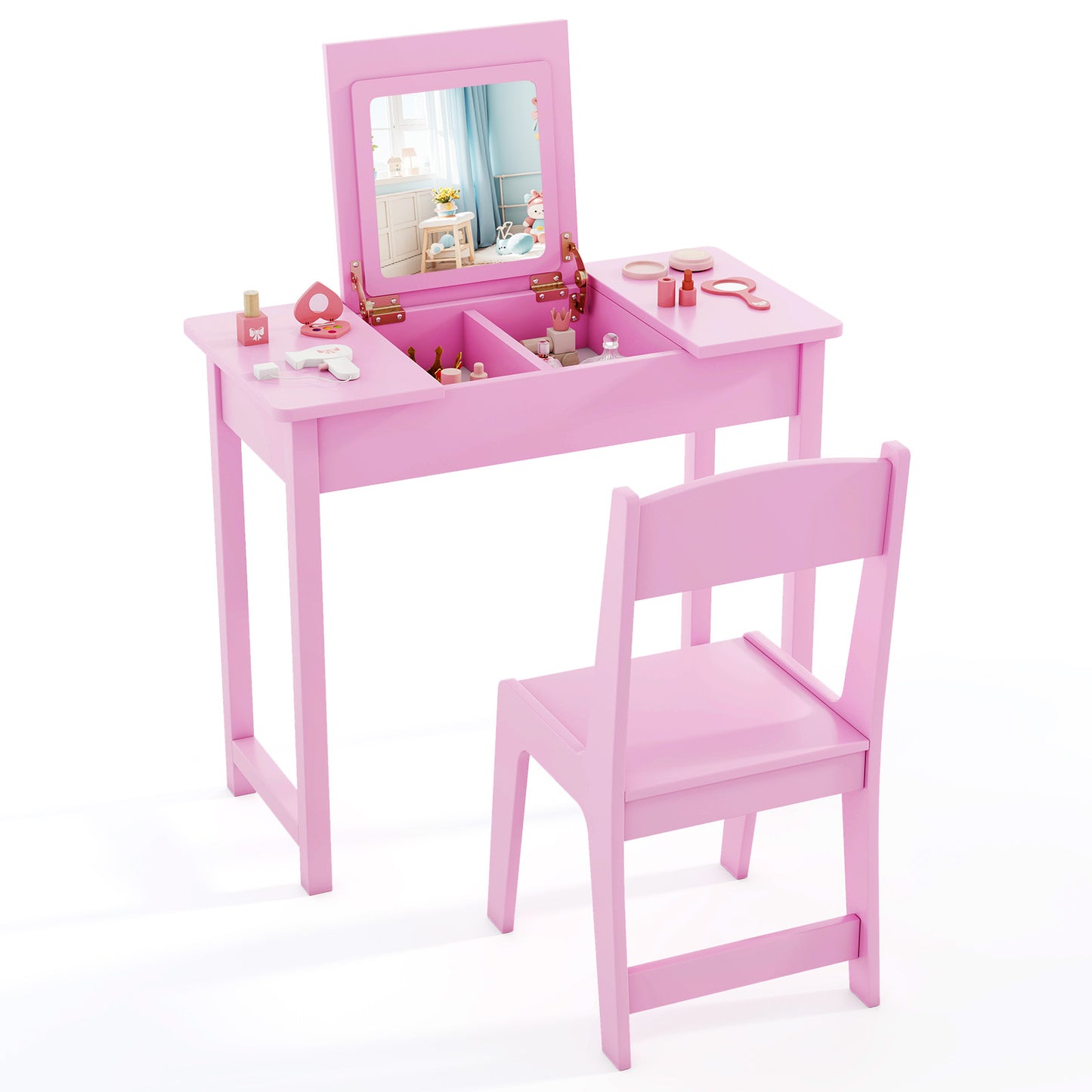2-in-1 Kids Vanity Makeup Table and Chair Set with Flip Top Mirror-Pink Kids Crystal
