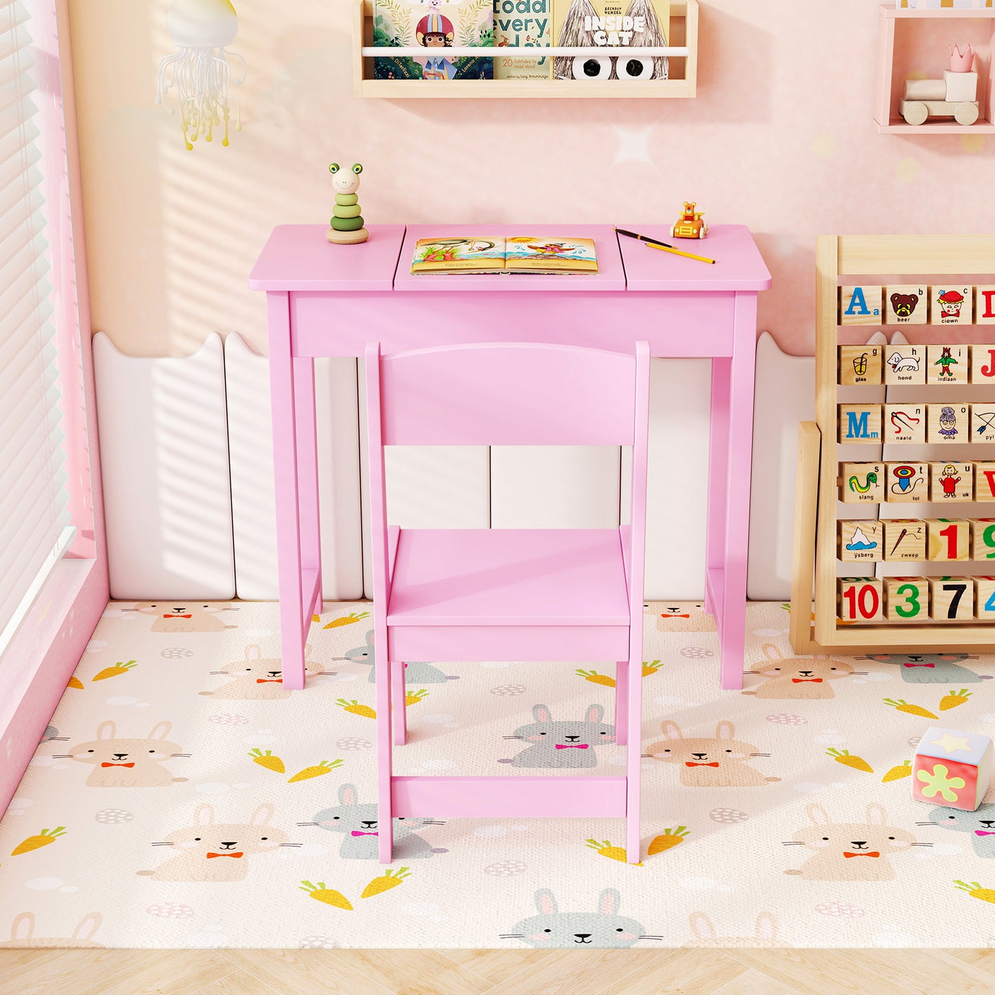 2-in-1 Kids Vanity Makeup Table and Chair Set with Flip Top Mirror-Pink Kids Crystal