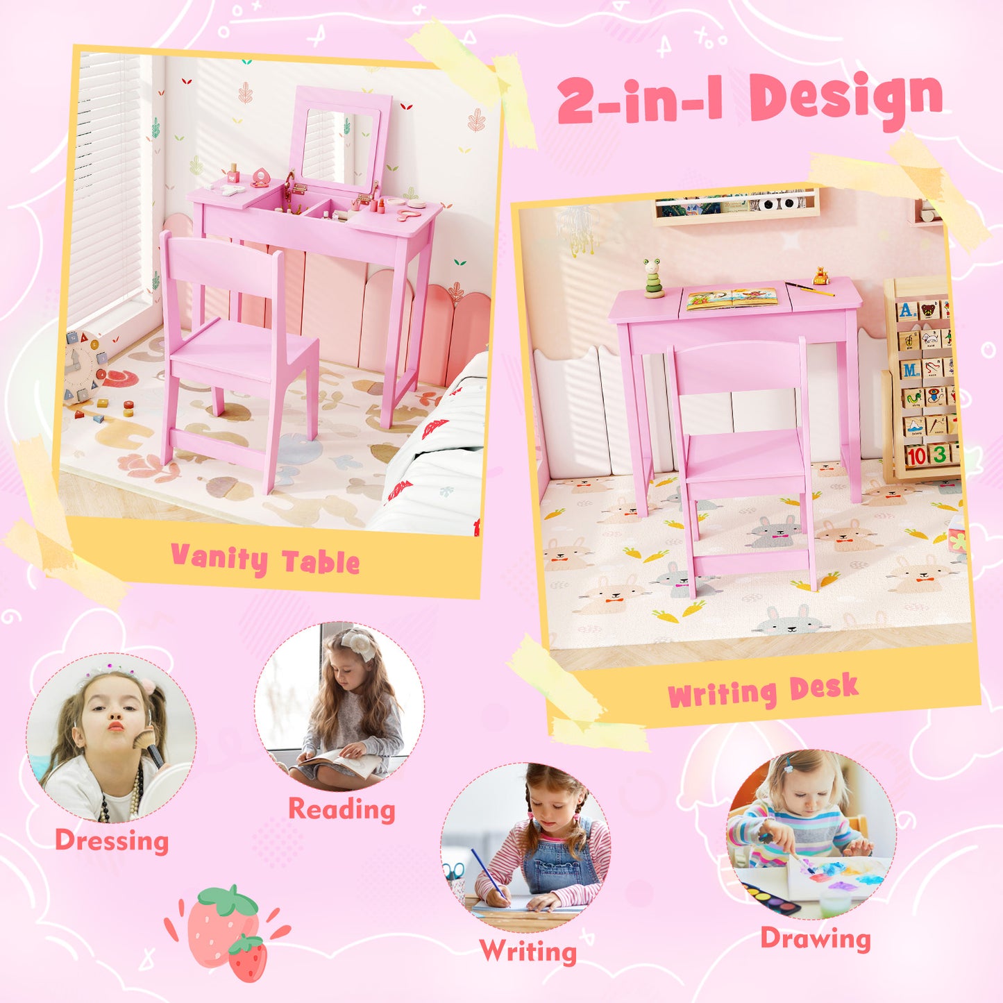 2-in-1 Kids Vanity Makeup Table and Chair Set with Flip Top Mirror-Pink Kids Crystal