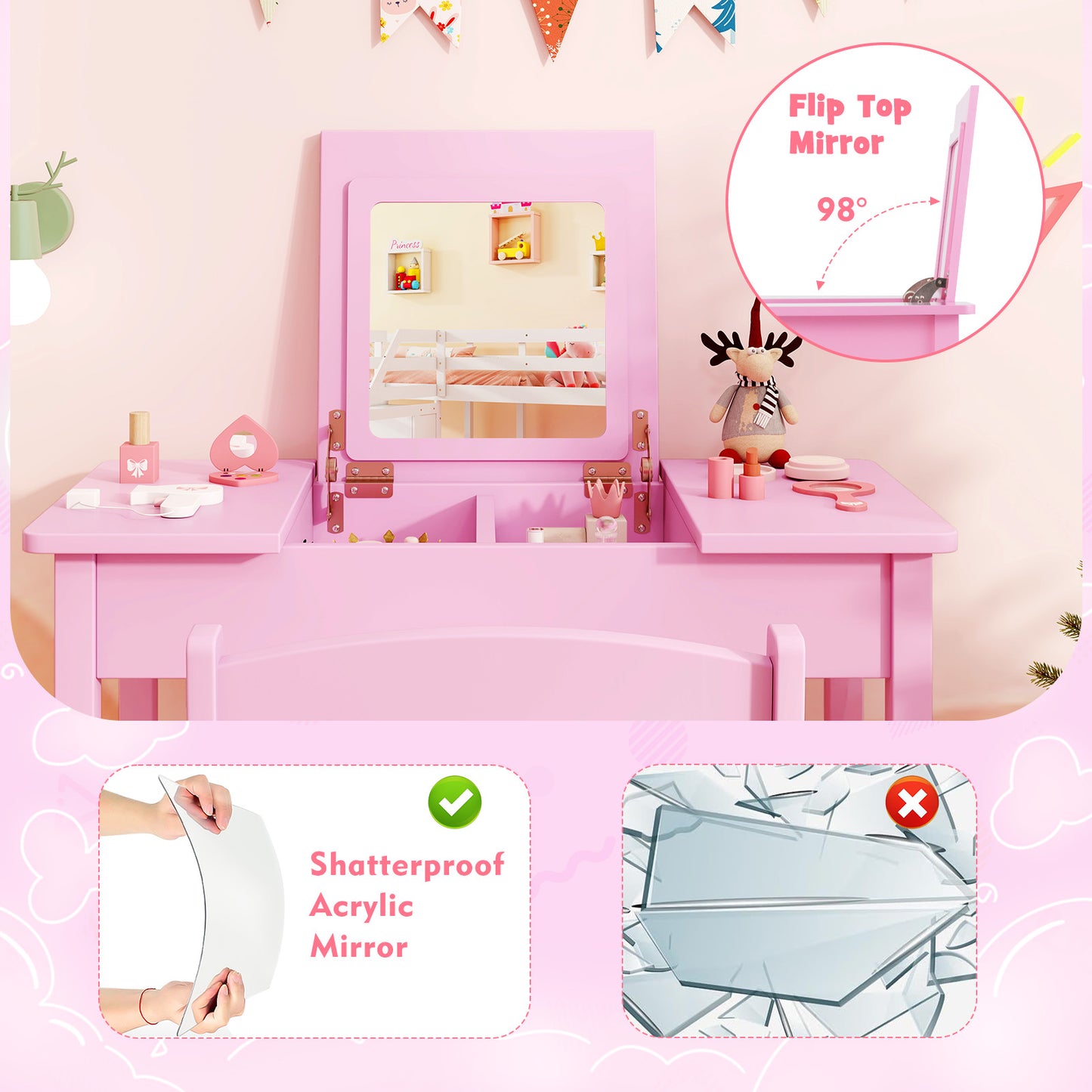 2-in-1 Kids Vanity Makeup Table and Chair Set with Flip Top Mirror-Pink Kids Crystal