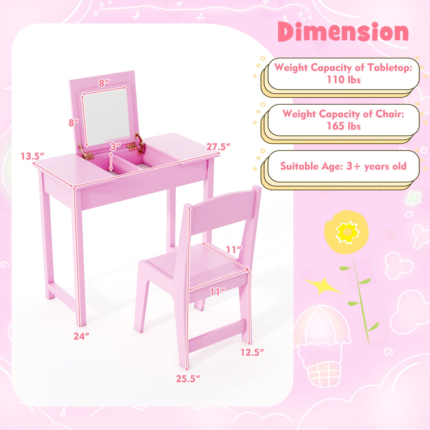 2-in-1 Kids Vanity Makeup Table and Chair Set with Flip Top Mirror-Pink Kids Crystal