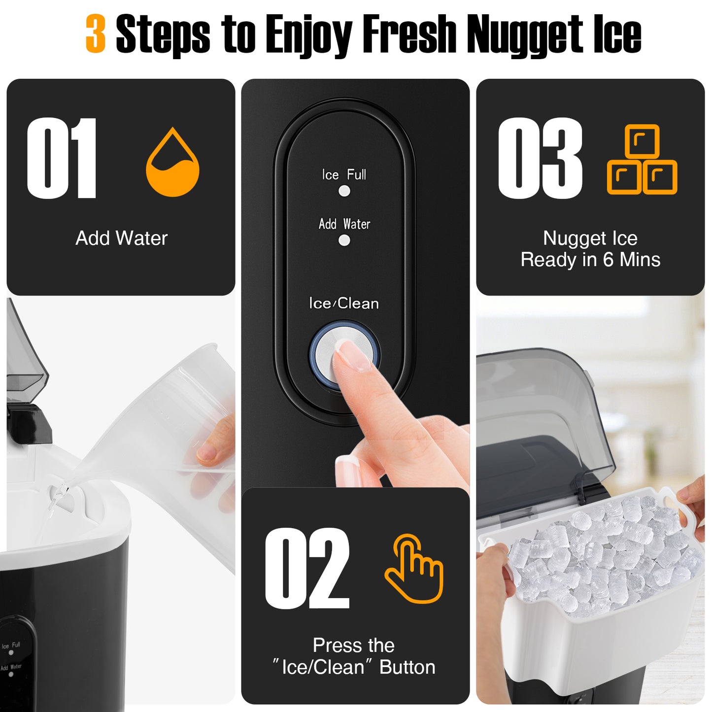 Nugget Countertop Ice Maker with Soft Chewable Pellet Ice-Black Kids Crystal