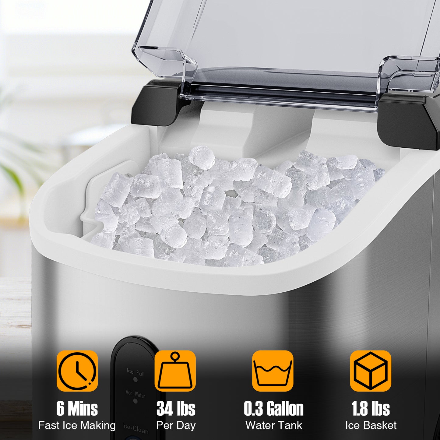 Nugget Countertop Ice Maker with Soft Chewable Pellet Ice-Silver Kids Crystal