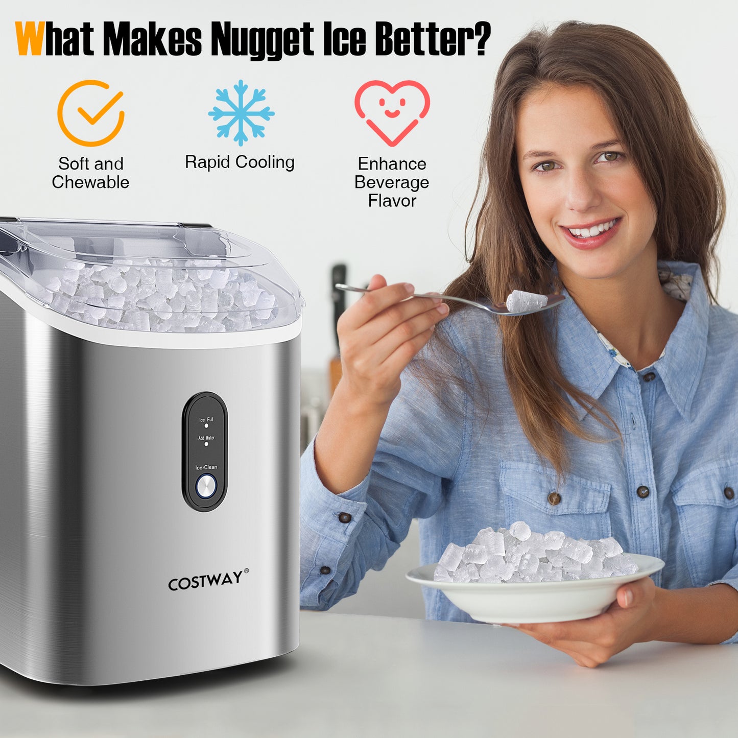 Nugget Countertop Ice Maker with Soft Chewable Pellet Ice-Silver Kids Crystal